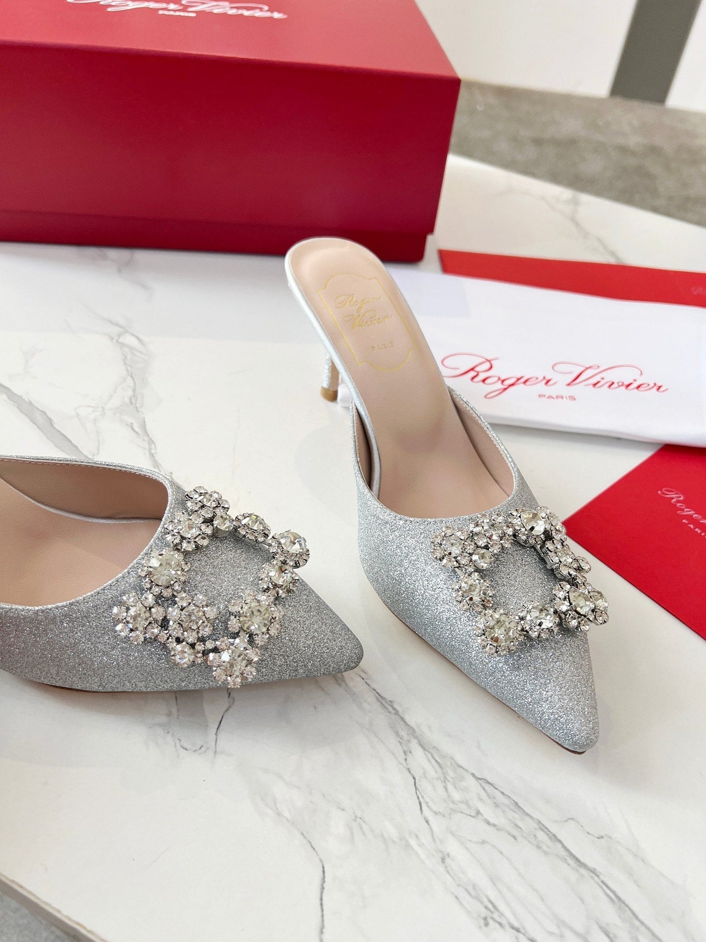 EFFLORESCENCE MULES IN SILVER SATIN EMBELLISHED GLITTER - 34