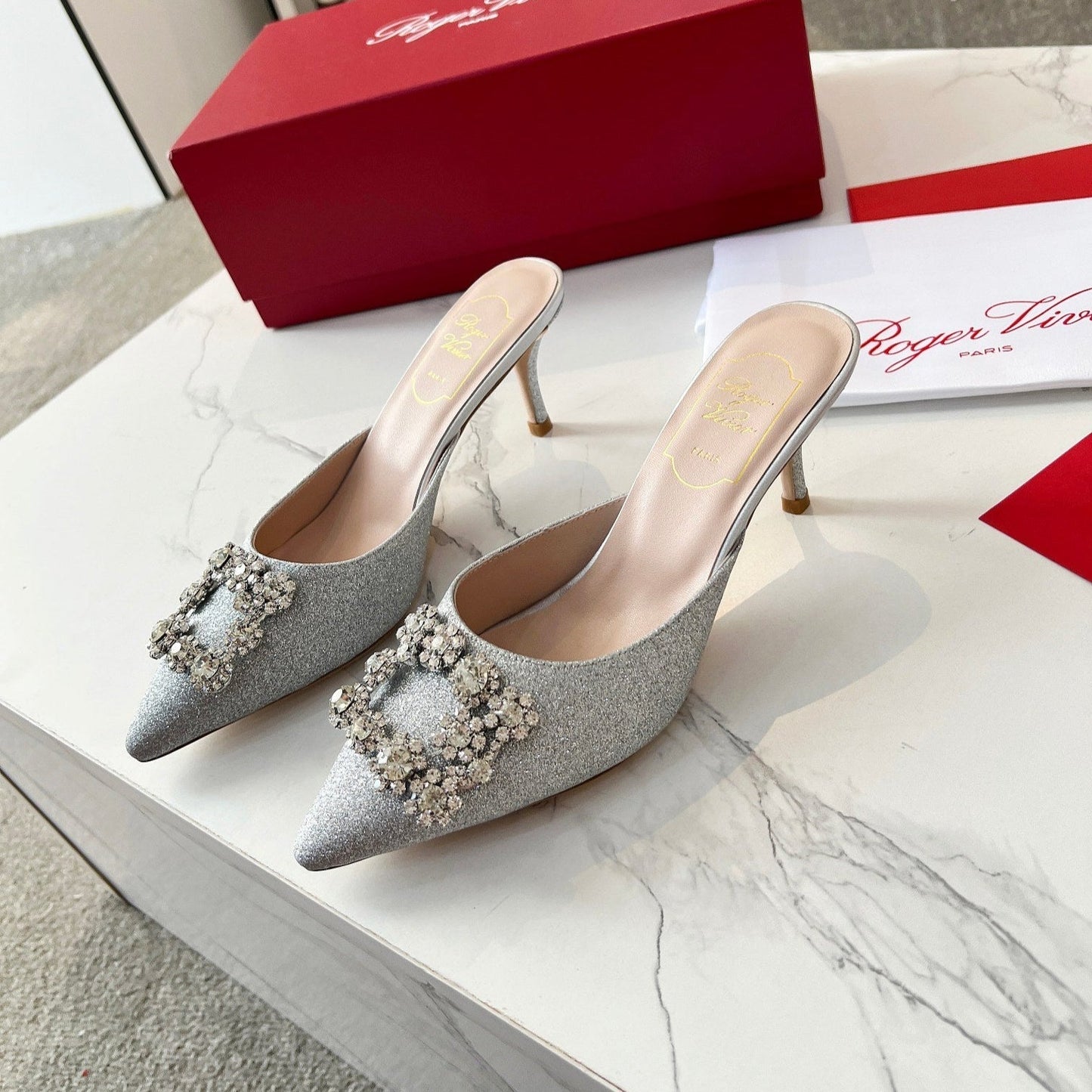 EFFLORESCENCE MULES IN SILVER SATIN EMBELLISHED GLITTER - 34