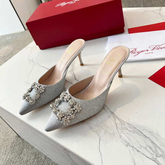 EFFLORESCENCE MULES IN SILVER SATIN EMBELLISHED GLITTER - 34