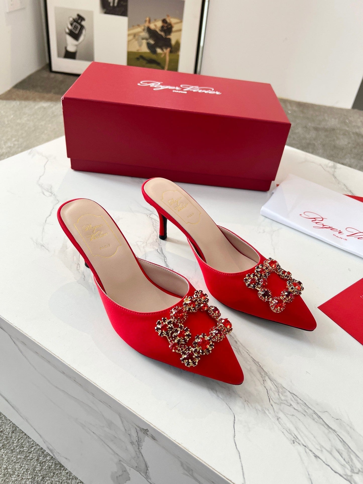 EFFLORESCENCE MULES IN RED SATIN - 34
