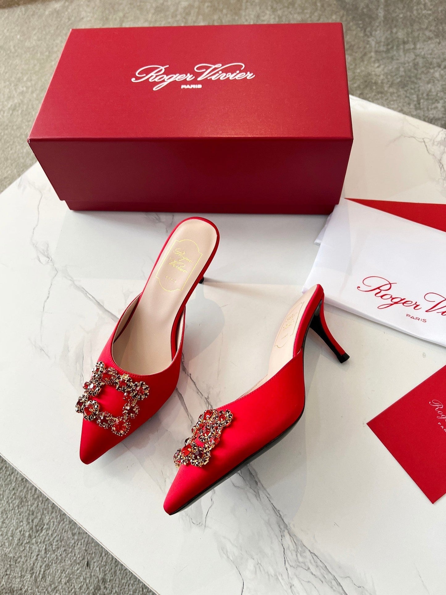 EFFLORESCENCE MULES IN RED SATIN - 34