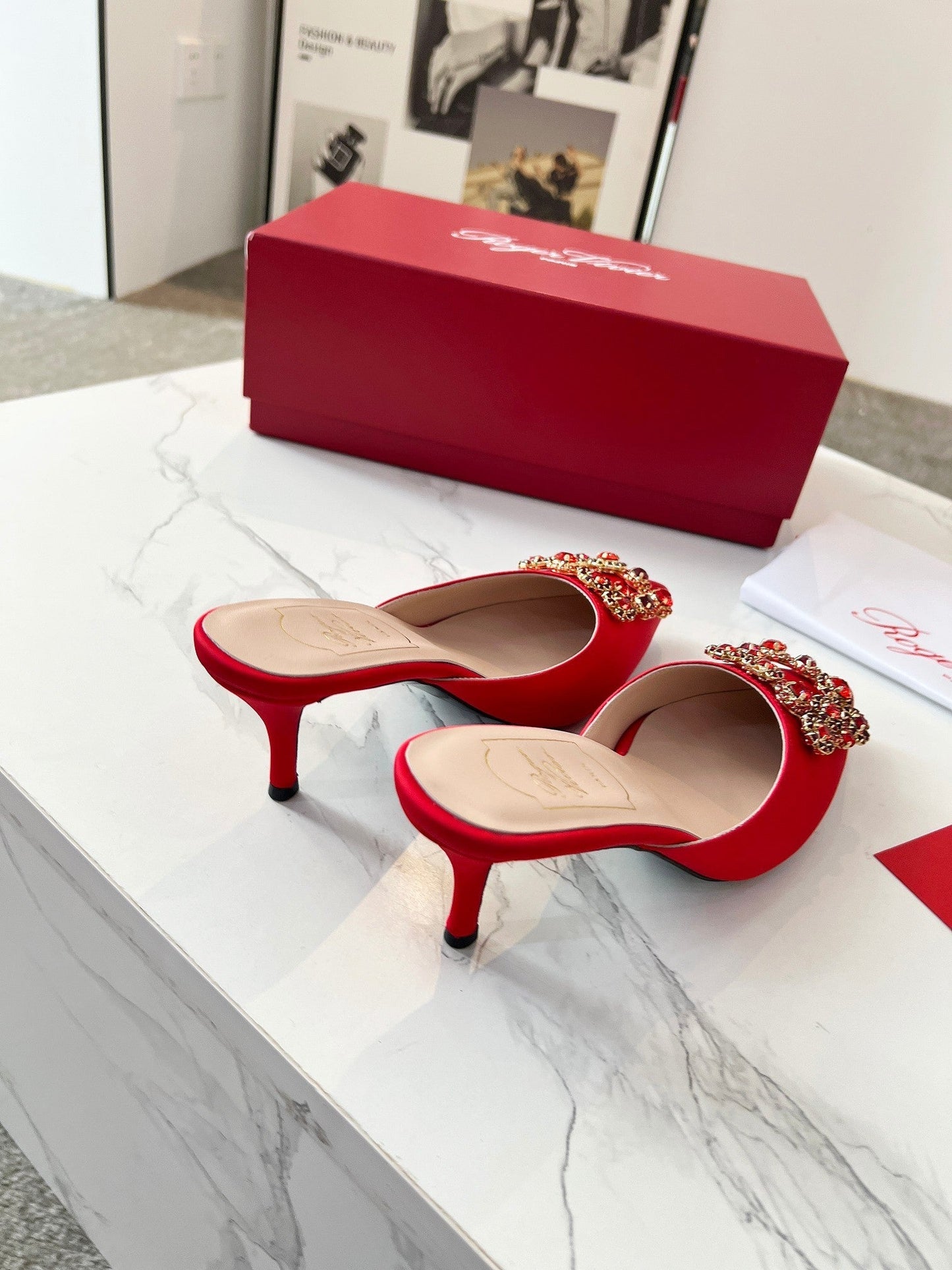 EFFLORESCENCE MULES IN RED SATIN - 34