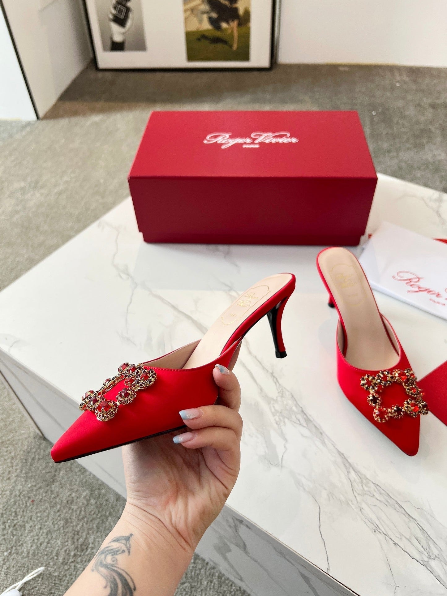EFFLORESCENCE MULES IN RED SATIN - 34