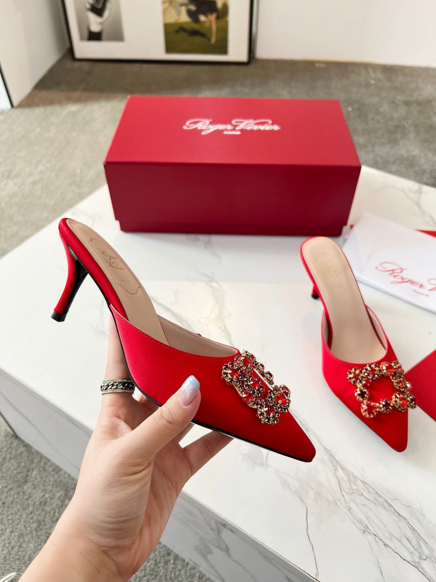 EFFLORESCENCE MULES IN RED SATIN - 34