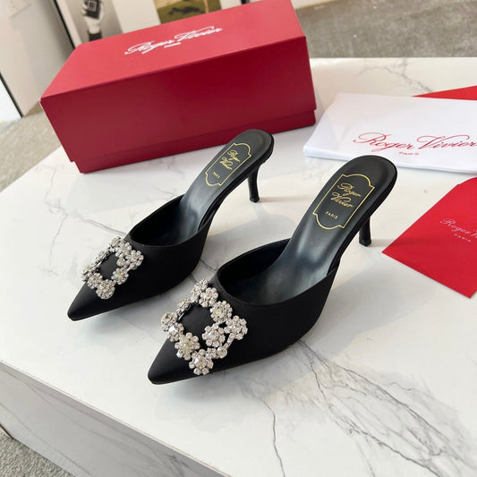 EFFLORESCENCE MULES IN BLACK SATIN - 34