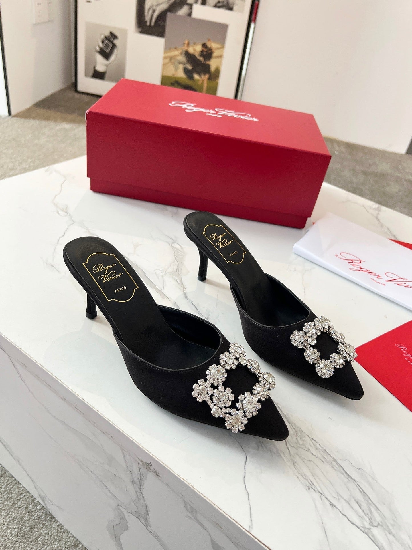 EFFLORESCENCE MULES IN BLACK SATIN - 34