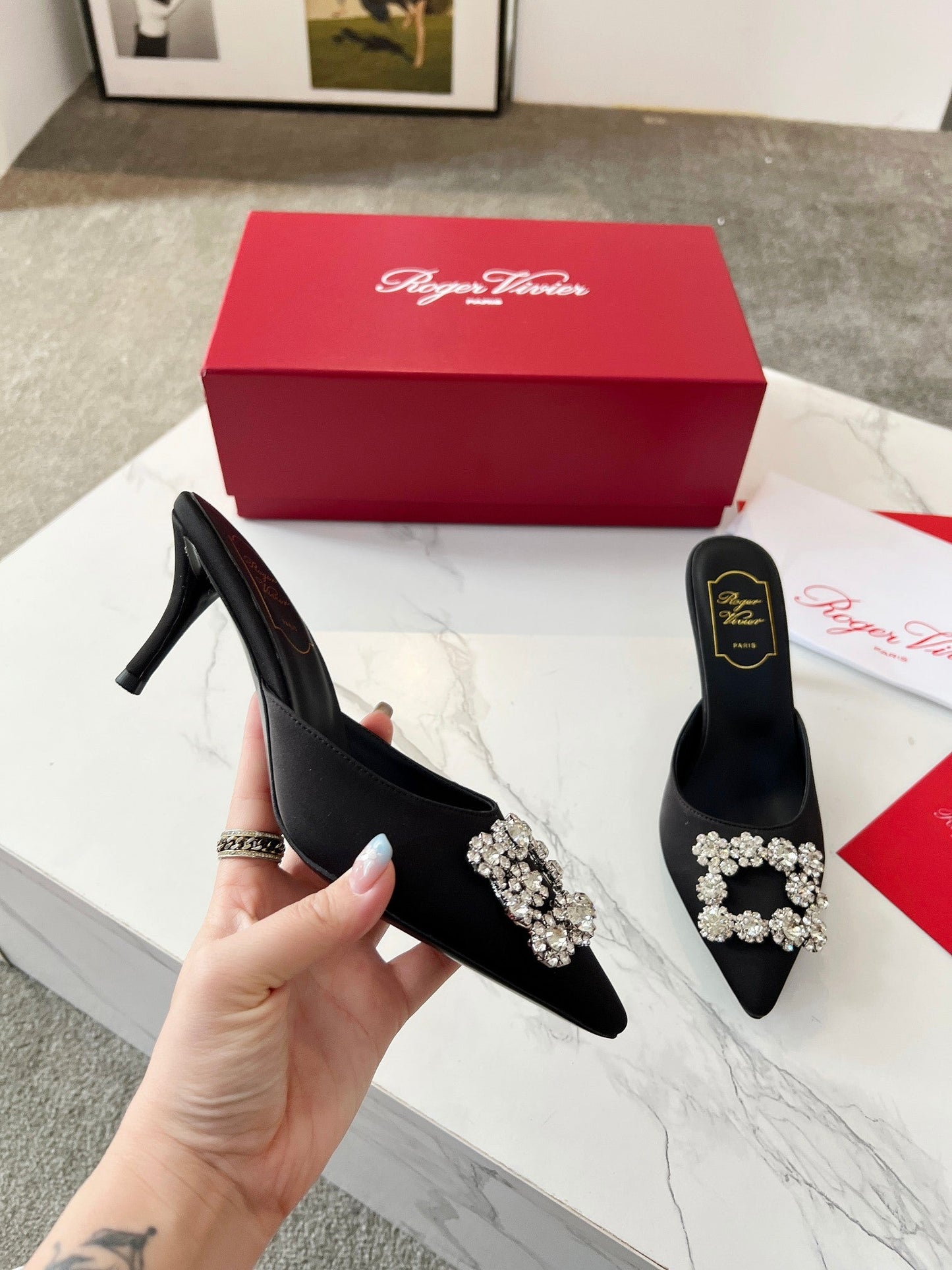 EFFLORESCENCE MULES IN BLACK SATIN - 34