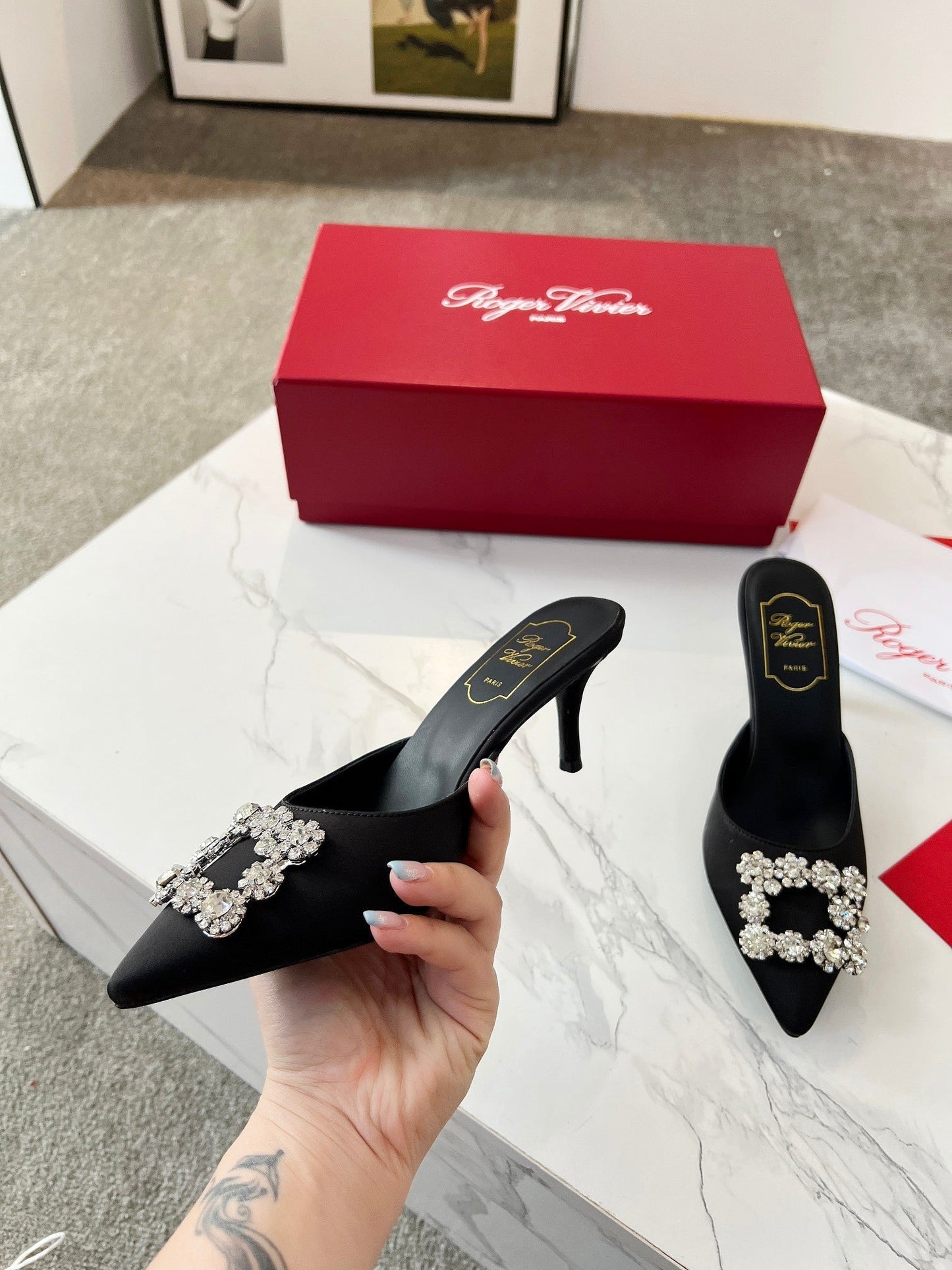 EFFLORESCENCE MULES IN BLACK SATIN - 34