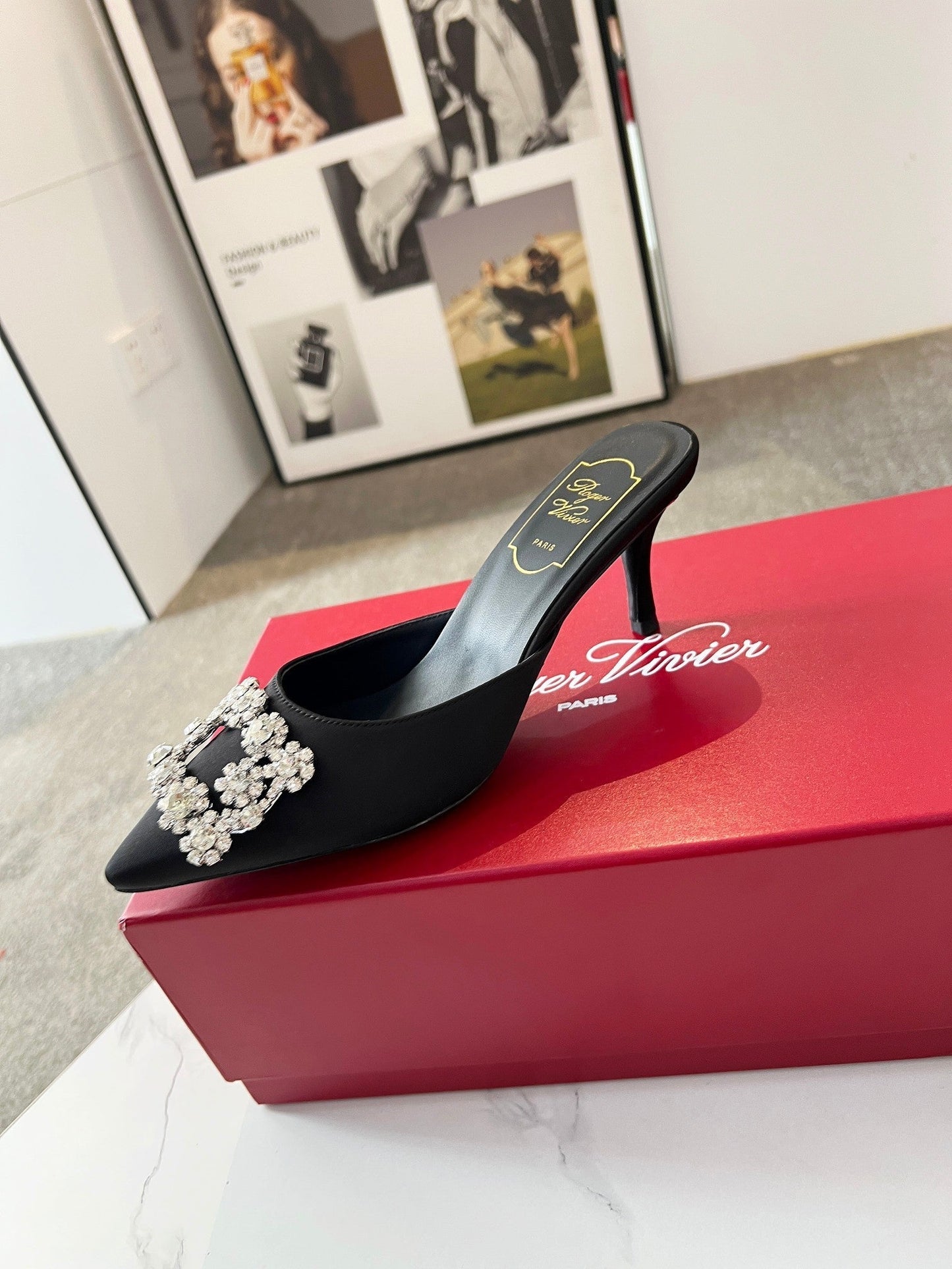 EFFLORESCENCE MULES IN BLACK SATIN - 34