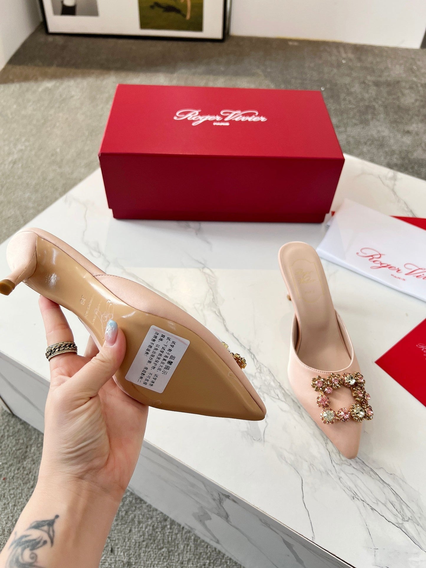 EFFLORESCENCE MULES IN LIGHT FAWN SATIN - 34