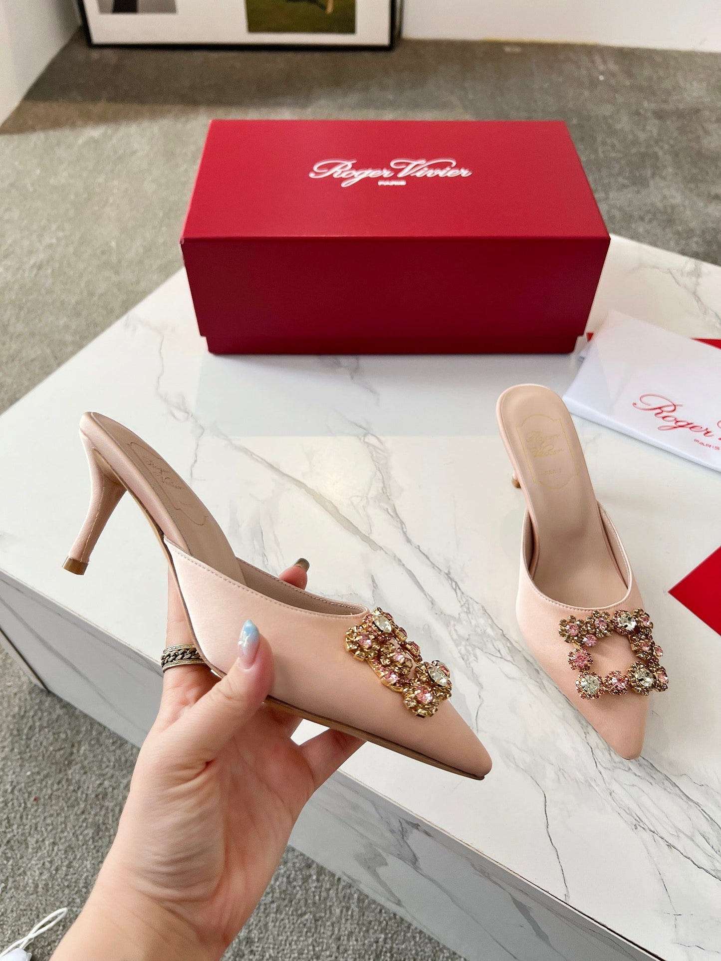 EFFLORESCENCE MULES IN LIGHT FAWN SATIN - 34