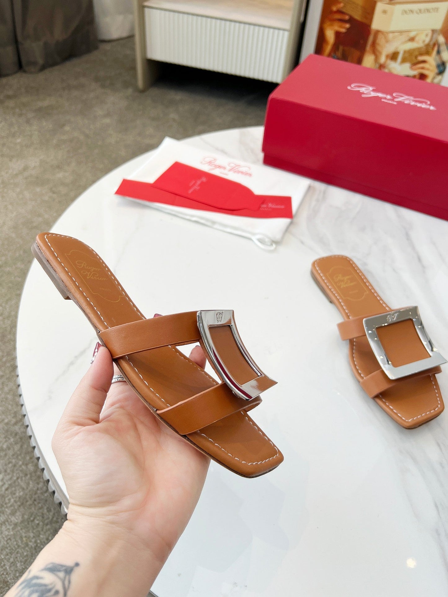 VIV' BY THE SEA MULES IN BRONZE BROWN CALFSKIN SILVER BUCKLE - 34