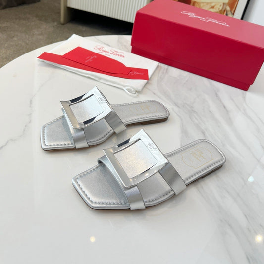 VIV' BY THE SEA MULES IN SILVER CALFSKIN SILVER BUCKLE - 34