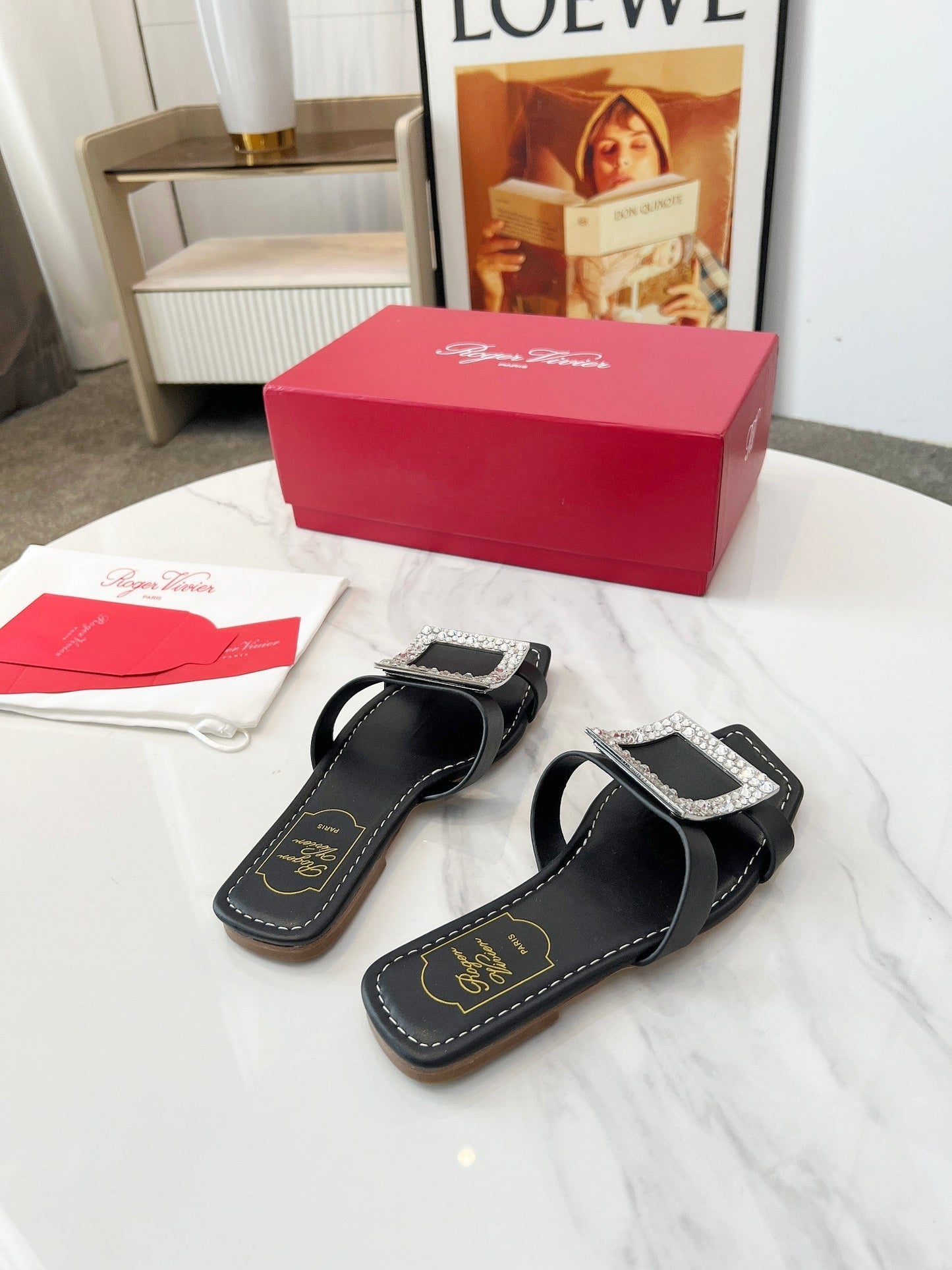 VIV' BY THE SEA MULES IN BLACK CALFSKIN CRYSTAL BUCKLE - 34
