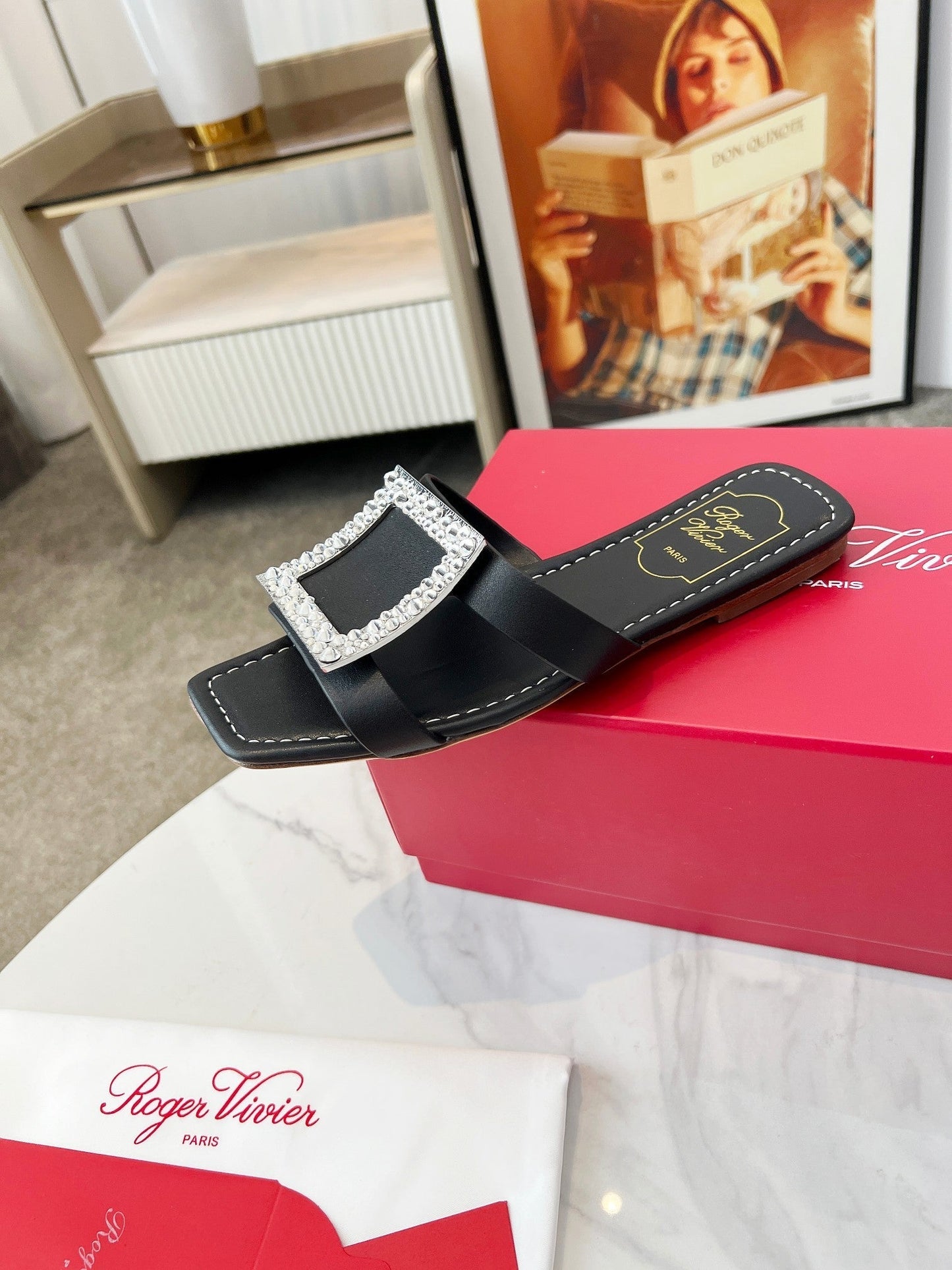 VIV' BY THE SEA MULES IN BLACK CALFSKIN CRYSTAL BUCKLE - 34