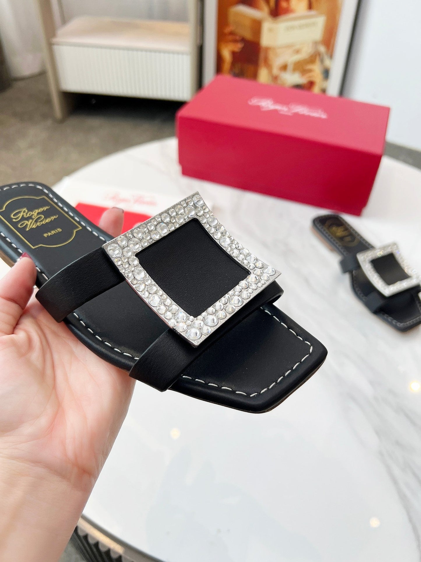 VIV' BY THE SEA MULES IN BLACK CALFSKIN CRYSTAL BUCKLE - 34