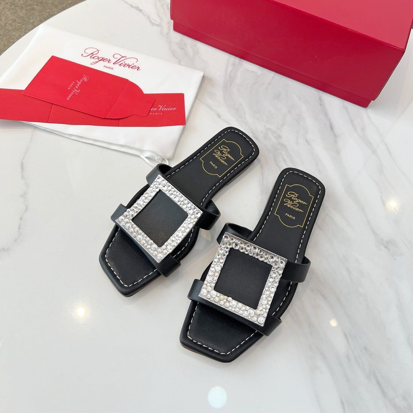 VIV' BY THE SEA MULES IN BLACK CALFSKIN CRYSTAL BUCKLE - 34