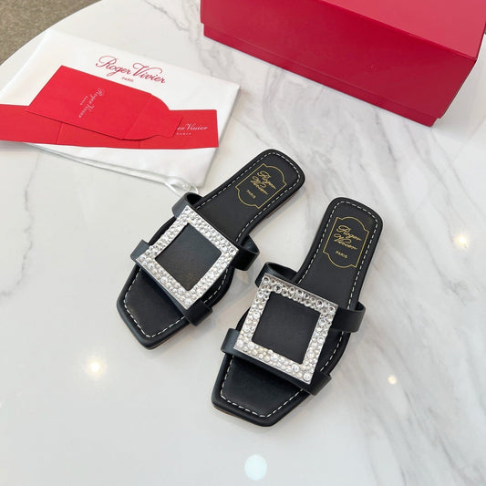 VIV' BY THE SEA MULES IN BLACK CALFSKIN CRYSTAL BUCKLE - 34