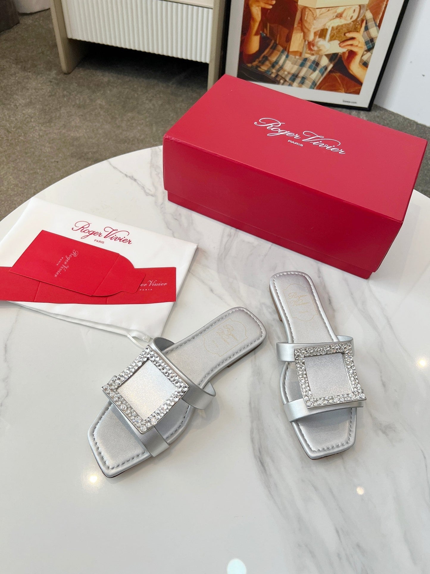 VIV' BY THE SEA MULES IN SILVER CALFSKIN CRYSTAL BUCKLE - 34