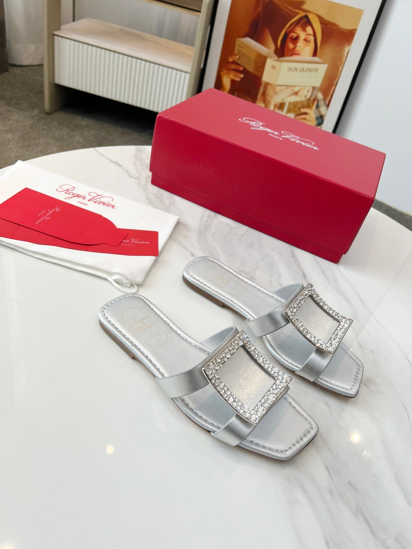 VIV' BY THE SEA MULES IN SILVER CALFSKIN CRYSTAL BUCKLE - 34
