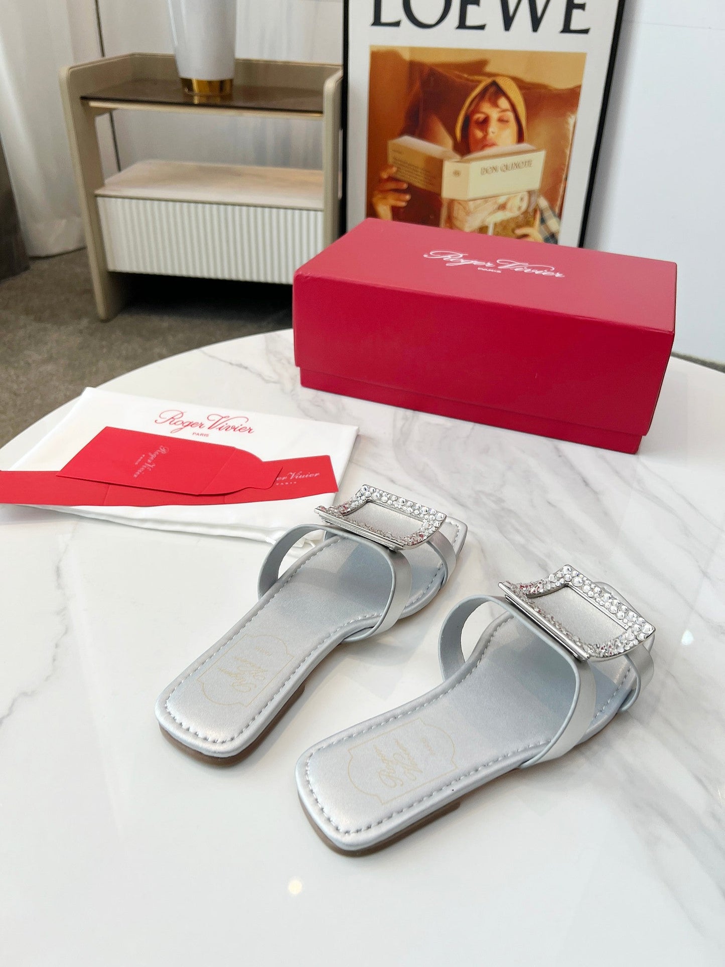 VIV' BY THE SEA MULES IN SILVER CALFSKIN CRYSTAL BUCKLE - 34