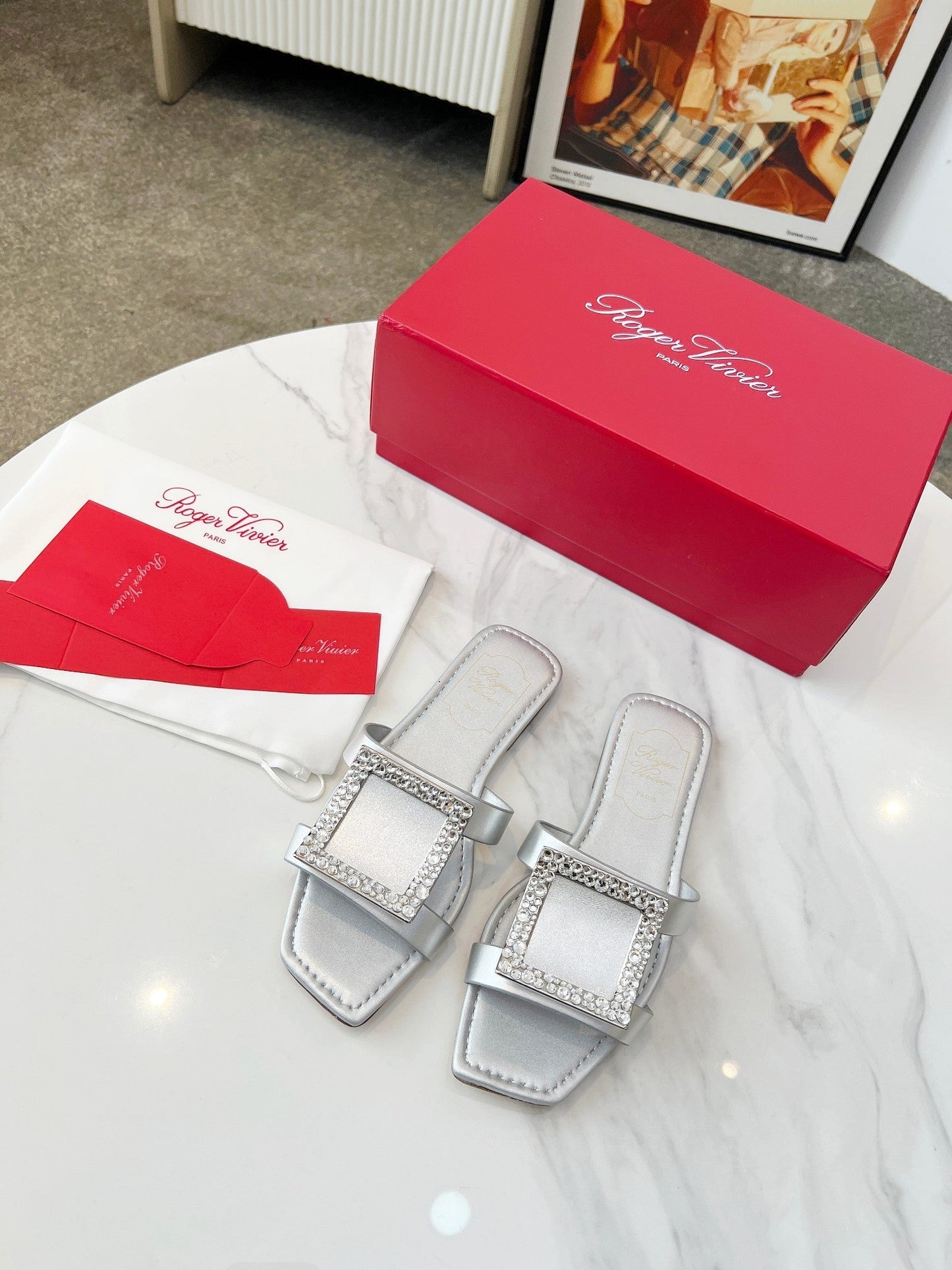 VIV' BY THE SEA MULES IN SILVER CALFSKIN CRYSTAL BUCKLE - 34