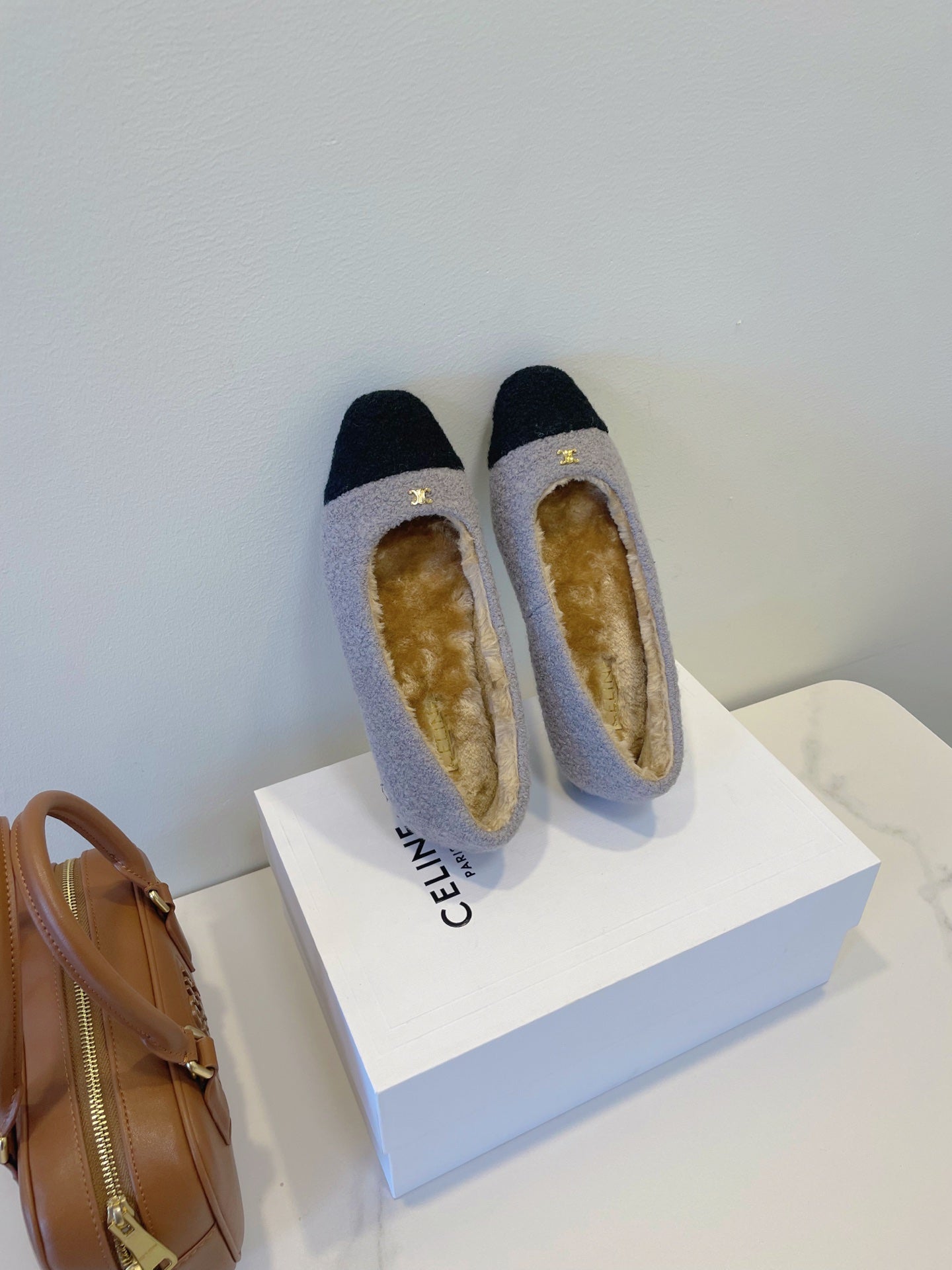 CELINE 26S FLAT SHOES IN GREY AND BLACK WOOL