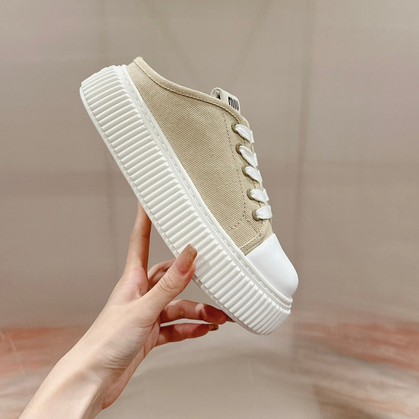Sneakers Mules Bright Cream Color Canvas - 35
