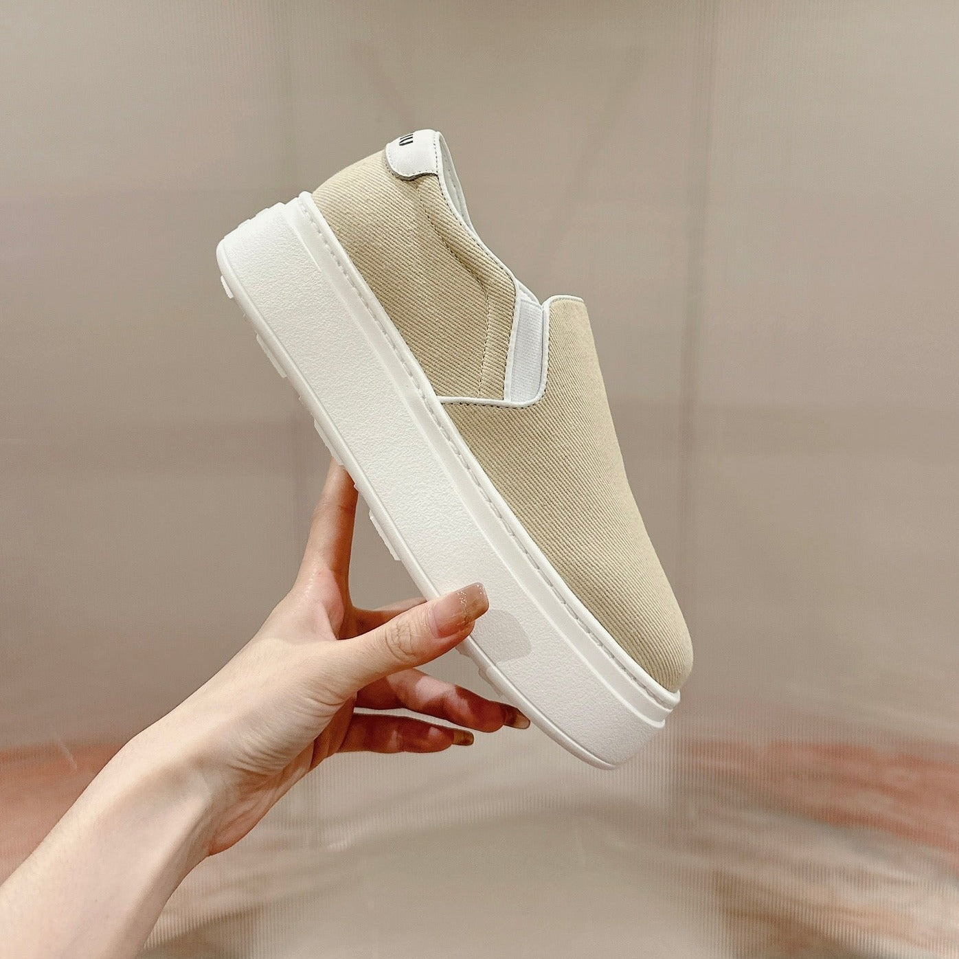 Slip-on Shoes High Sole Cream Color Canvas - 35