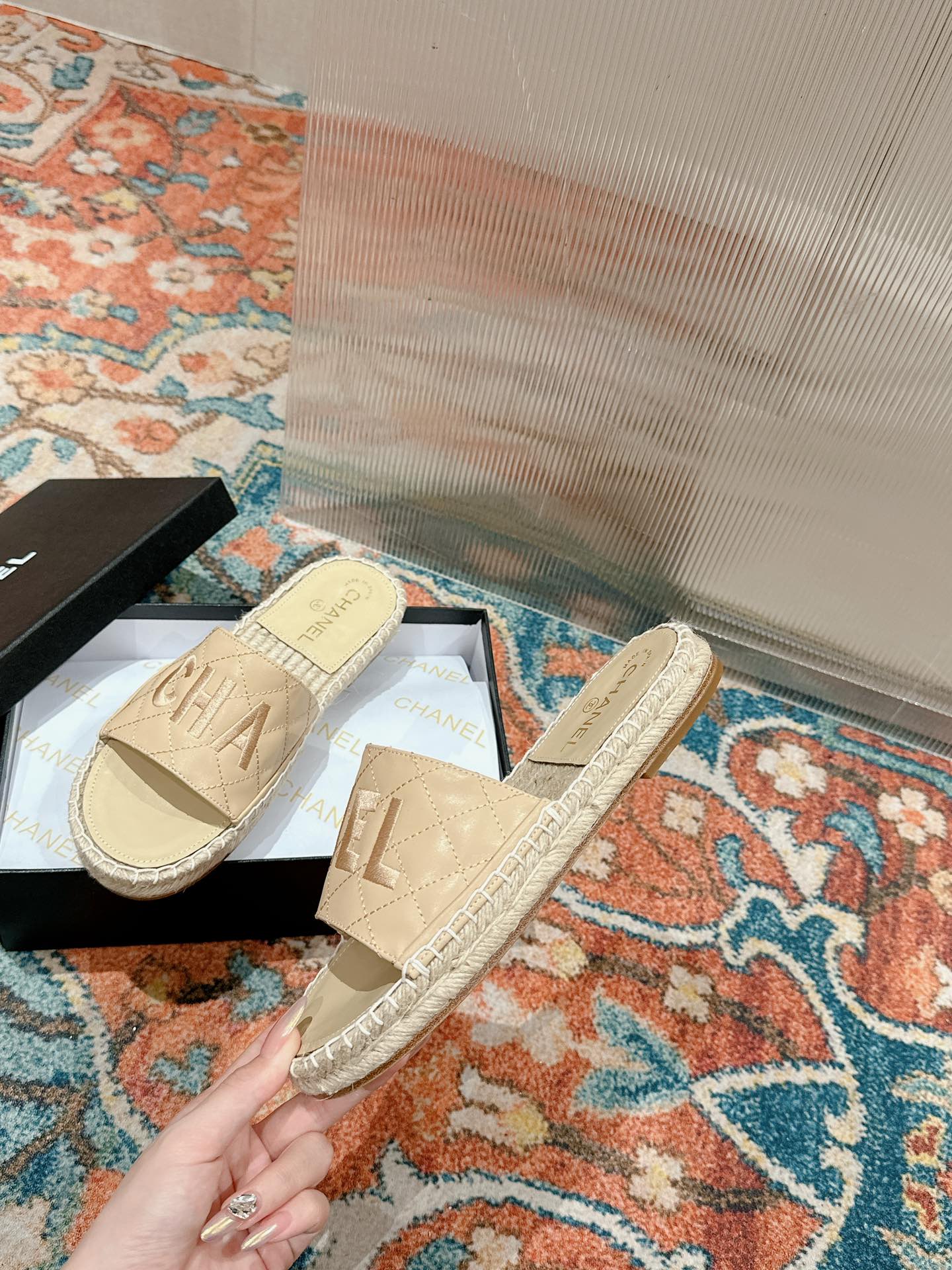 FLAT SLIPPERS IN BEIGE LAMBSKIN MIX WOVEN - 35