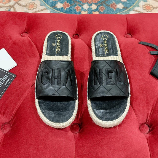 FLAT SLIPPERS IN BLACK LAMBSKIN MIX BEIGE WOVEN - 35