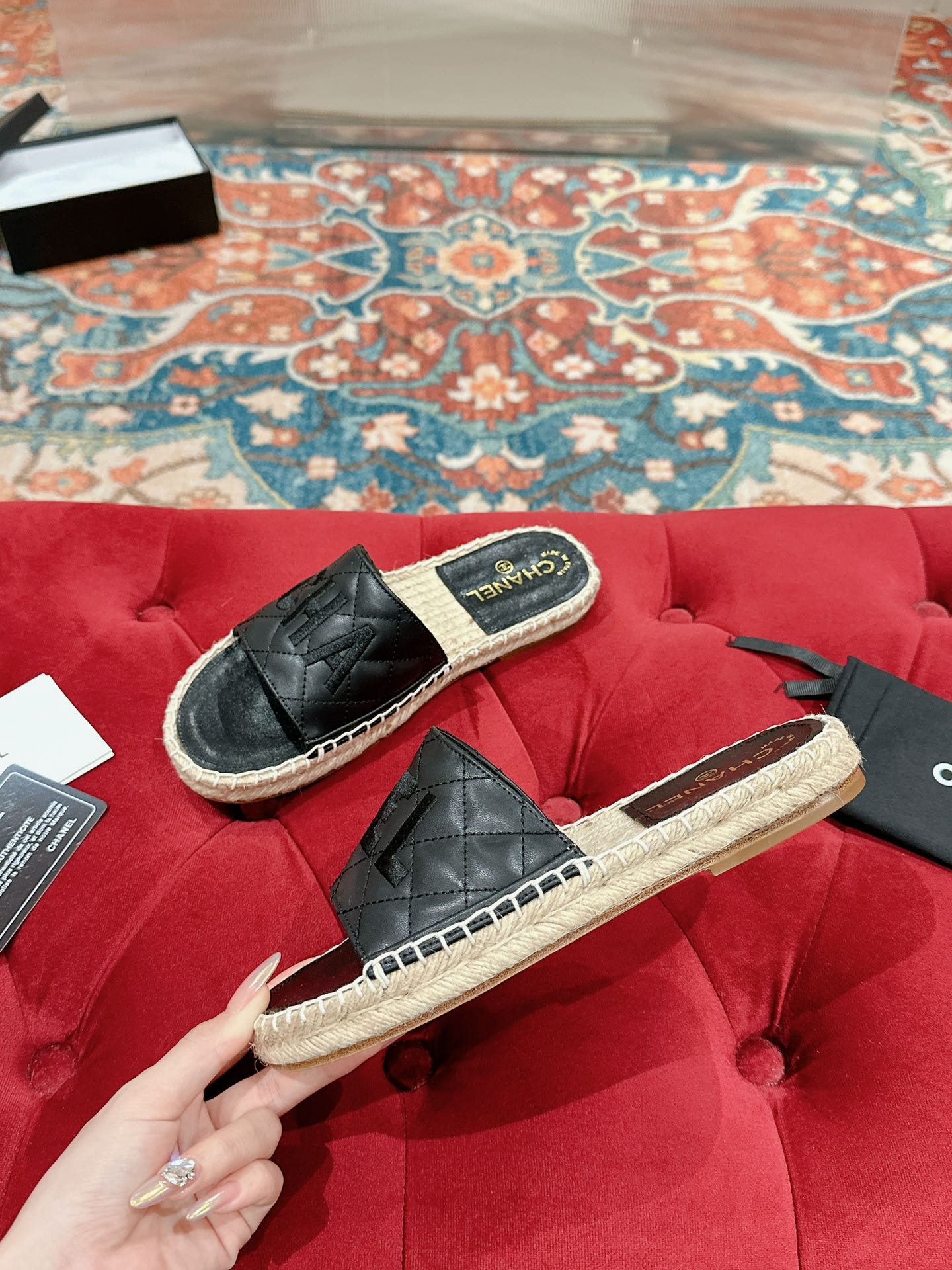 FLAT SLIPPERS IN BLACK LAMBSKIN MIX BEIGE WOVEN - 35