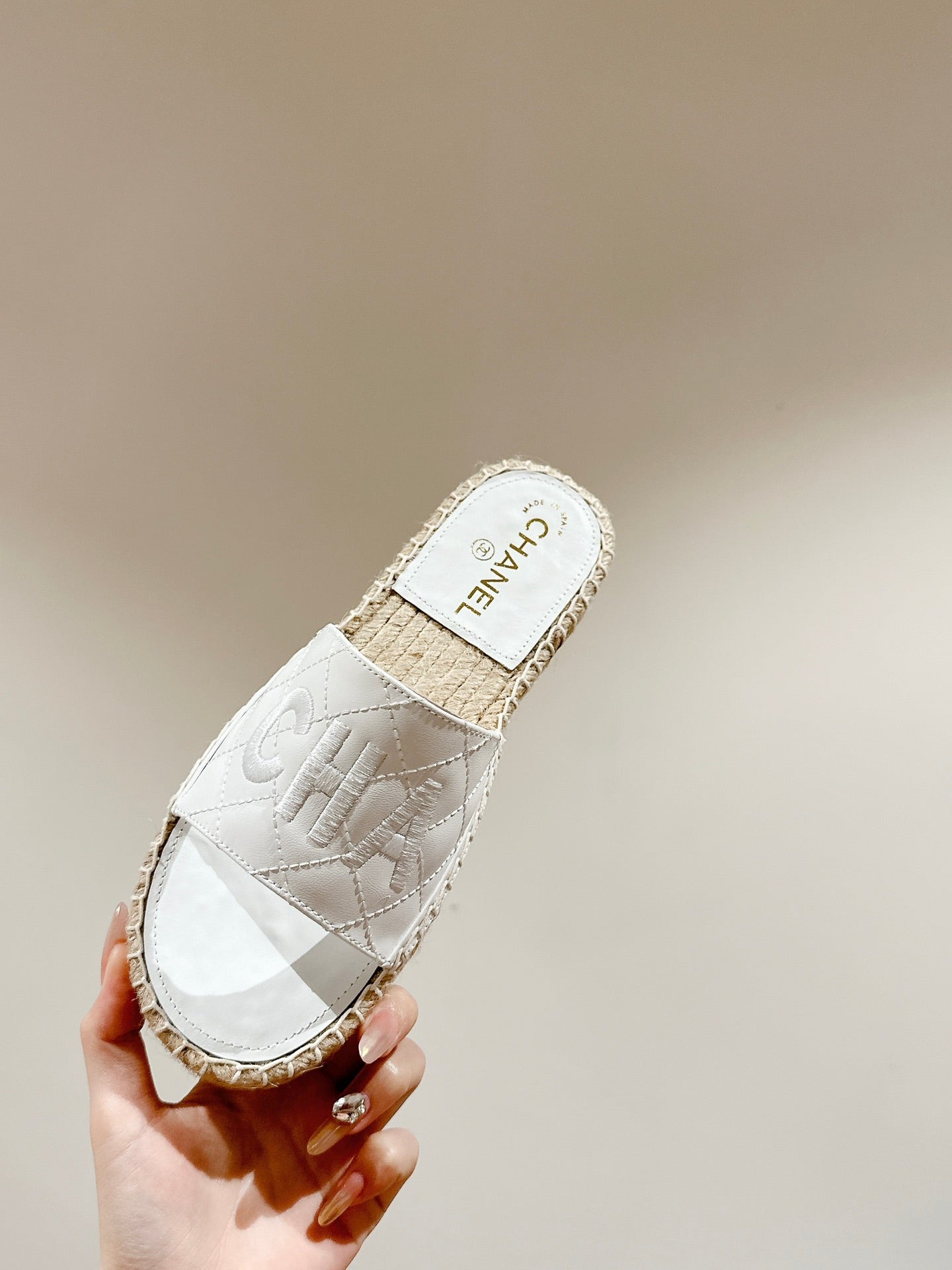 FLAT SLIPPERS IN WHITE LAMBSKIN MIX BEIGE WOVEN - 35