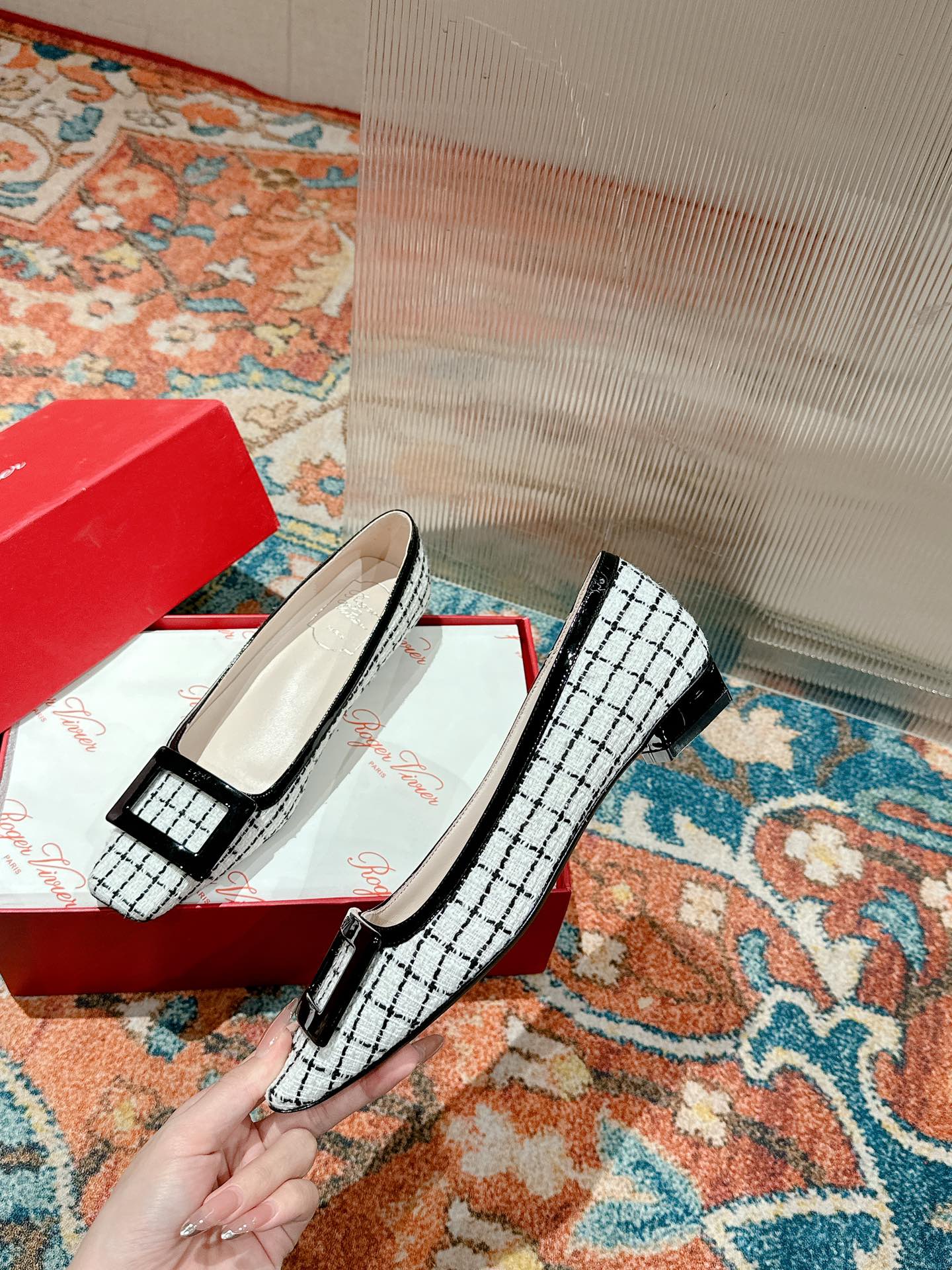 TROMPETTE BALLERINAS IN WHITE TWEED WITH BLACK STRIPES - 35