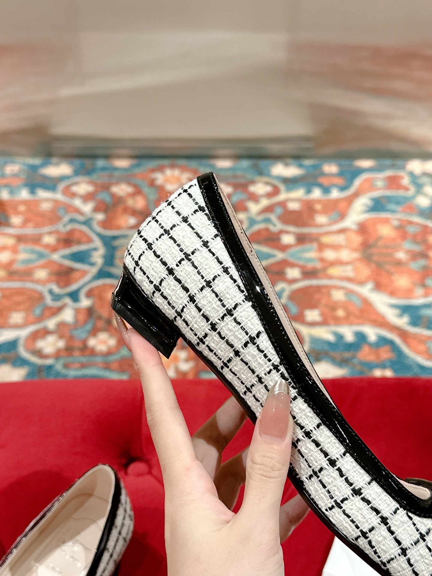 TROMPETTE BALLERINAS IN WHITE TWEED WITH BLACK STRIPES - 35