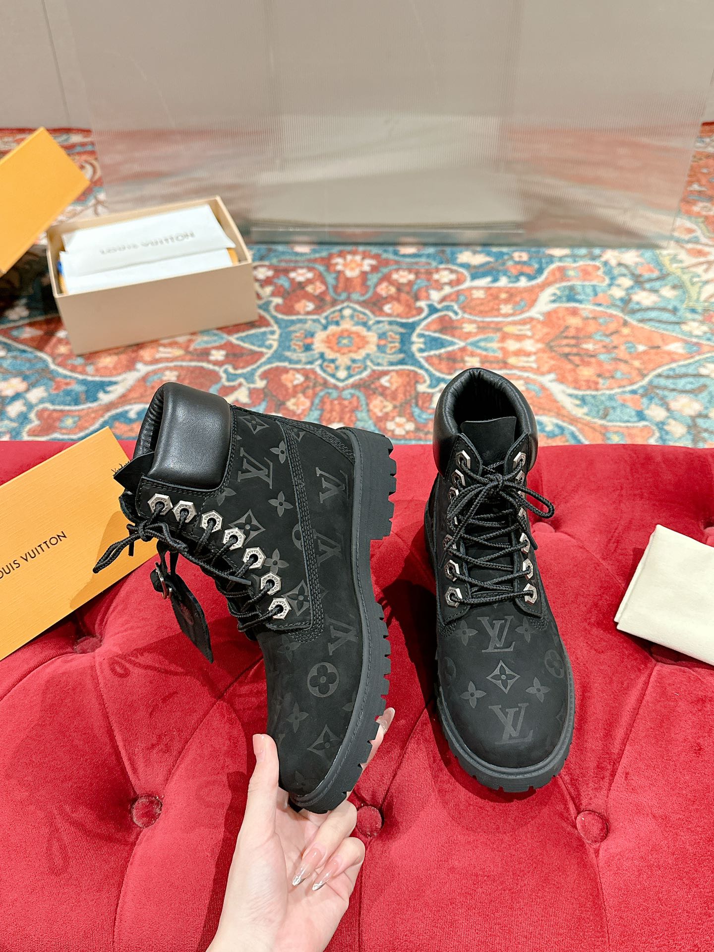 LV X TIMBERLAND ANKLE BOOT IN BLACK MONOGRAM SUEDE - 35