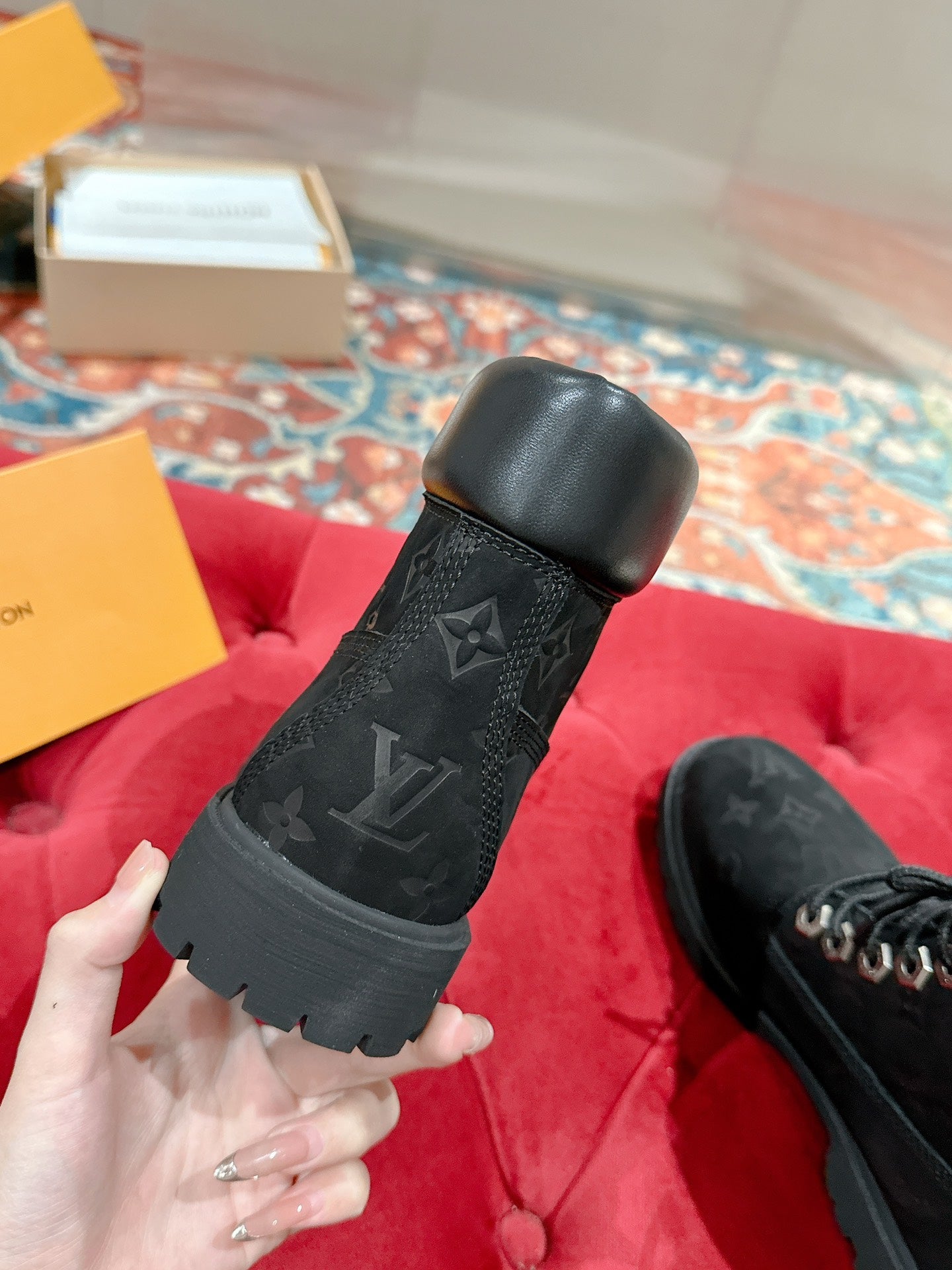 LV X TIMBERLAND ANKLE BOOT IN BLACK MONOGRAM SUEDE - 35