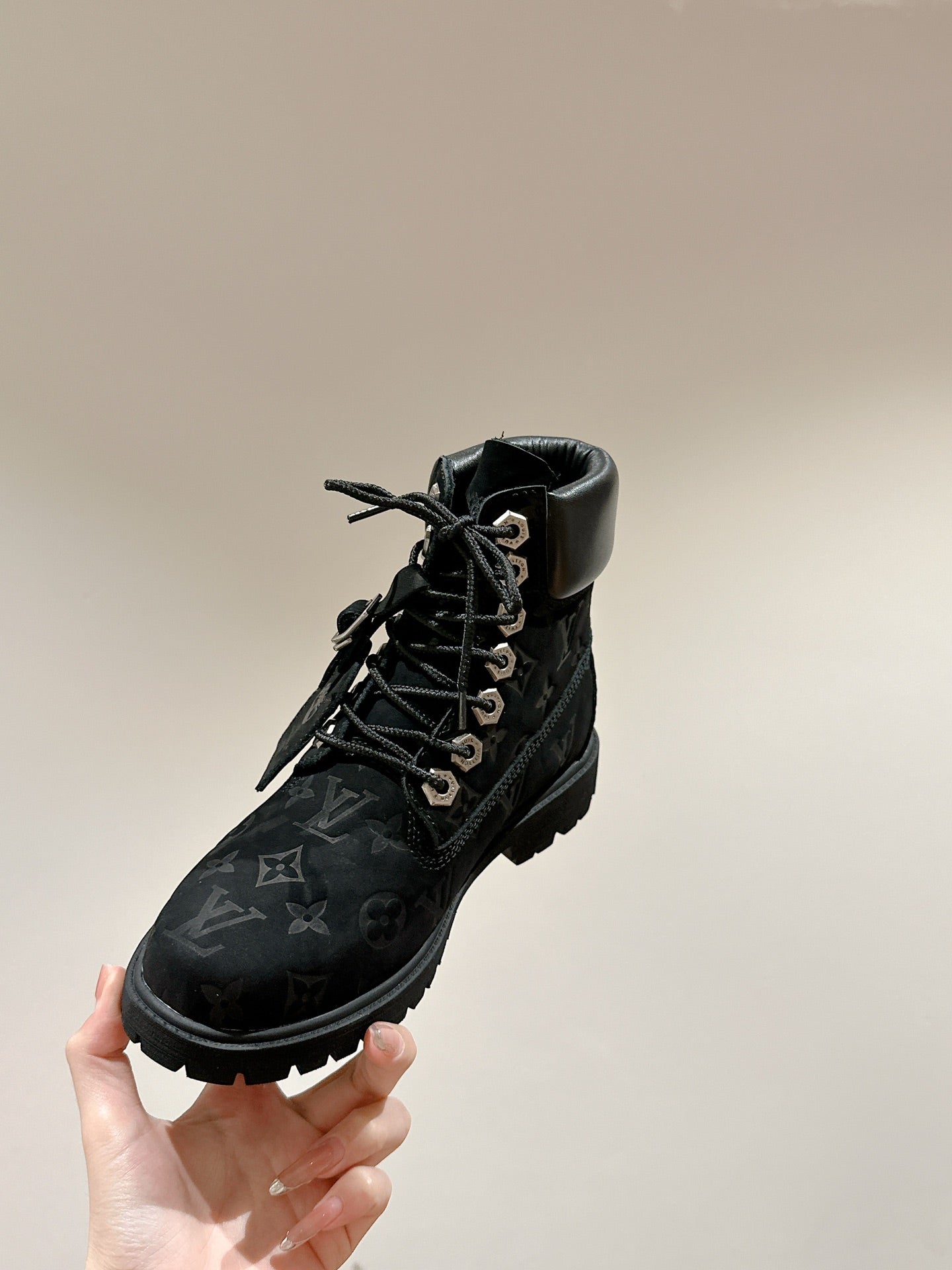 LV X TIMBERLAND ANKLE BOOT IN BLACK MONOGRAM SUEDE - 35