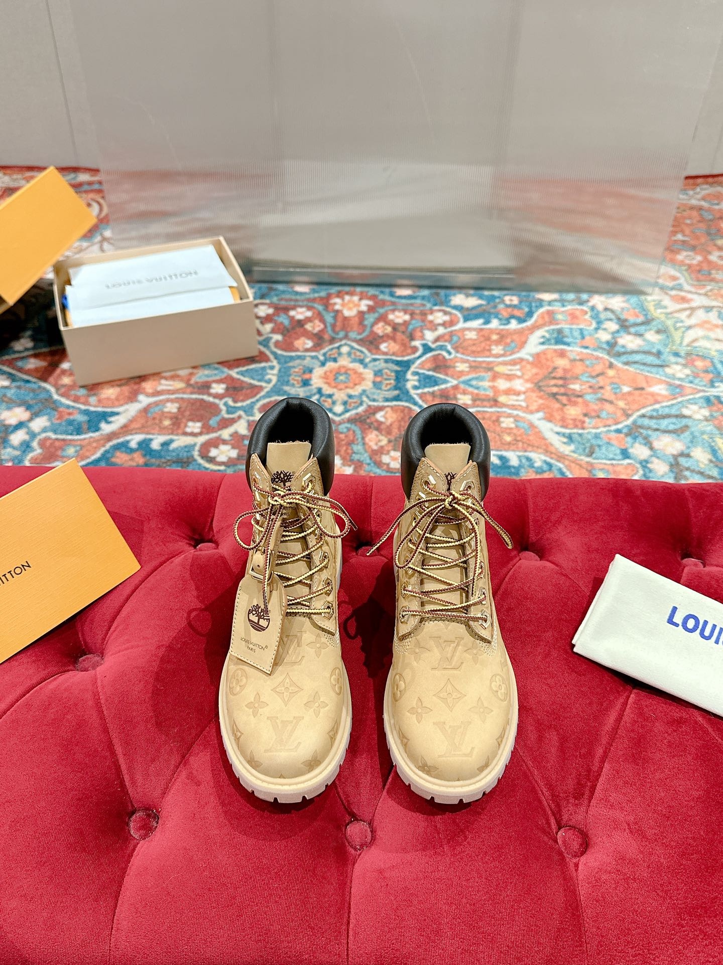 LV X TIMBERLAND ANKLE BOOT IN TORTILLA BROWN MONOGRAM SUEDE - 35