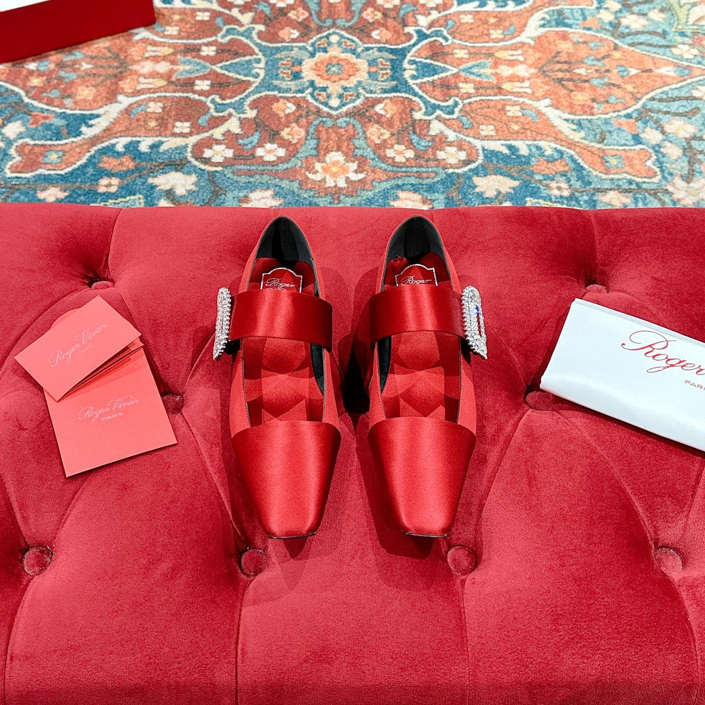MARY JANES IN RED SATIN WITH CRYSTAL SQUARE BUCKLE - 35