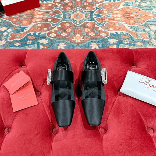 MARY JANES IN BLACK SATIN WITH CRYSTAL SQUARE BUCKLE - 35
