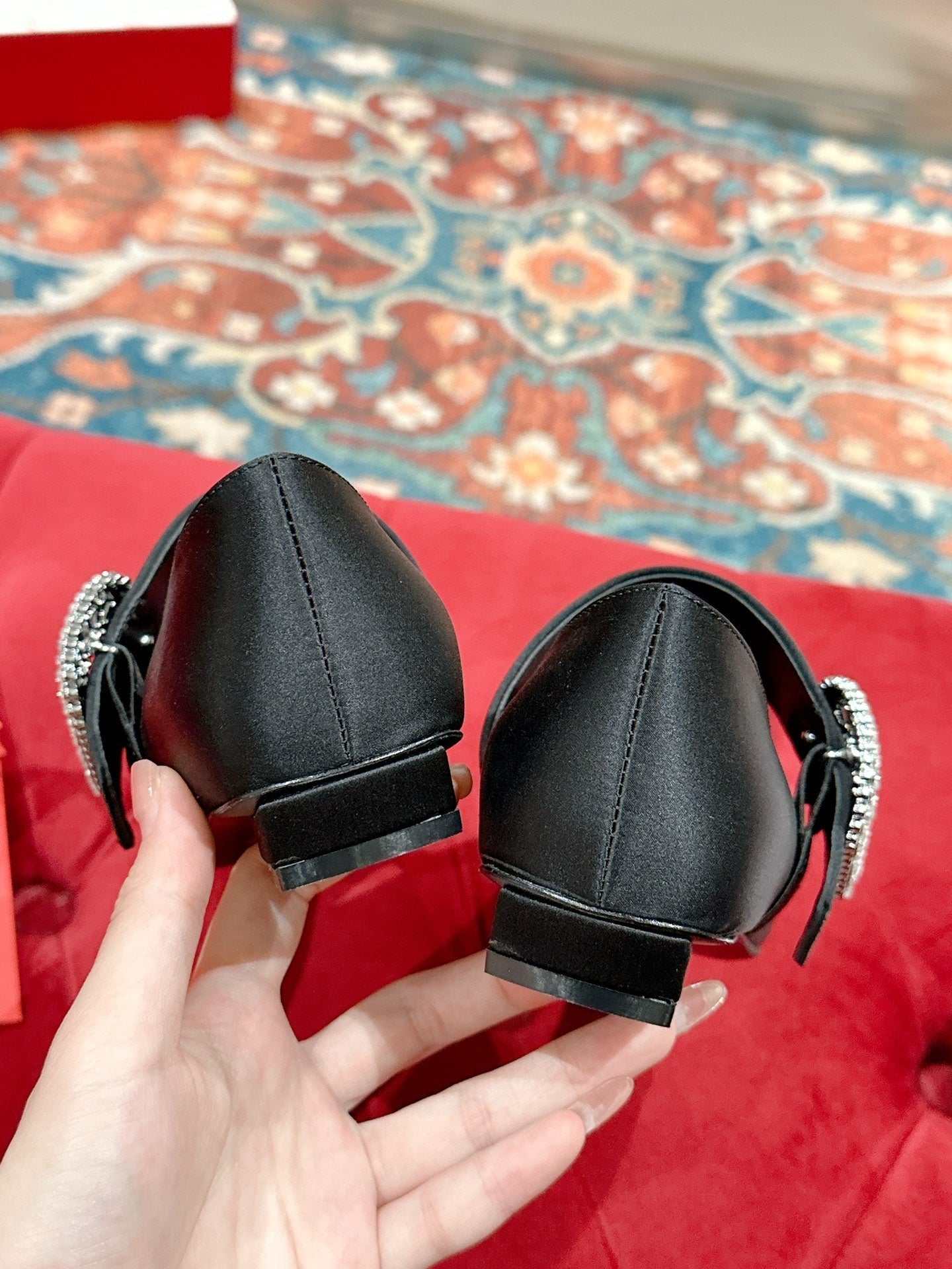 MARY JANES IN BLACK SATIN WITH CRYSTAL SQUARE BUCKLE - 35