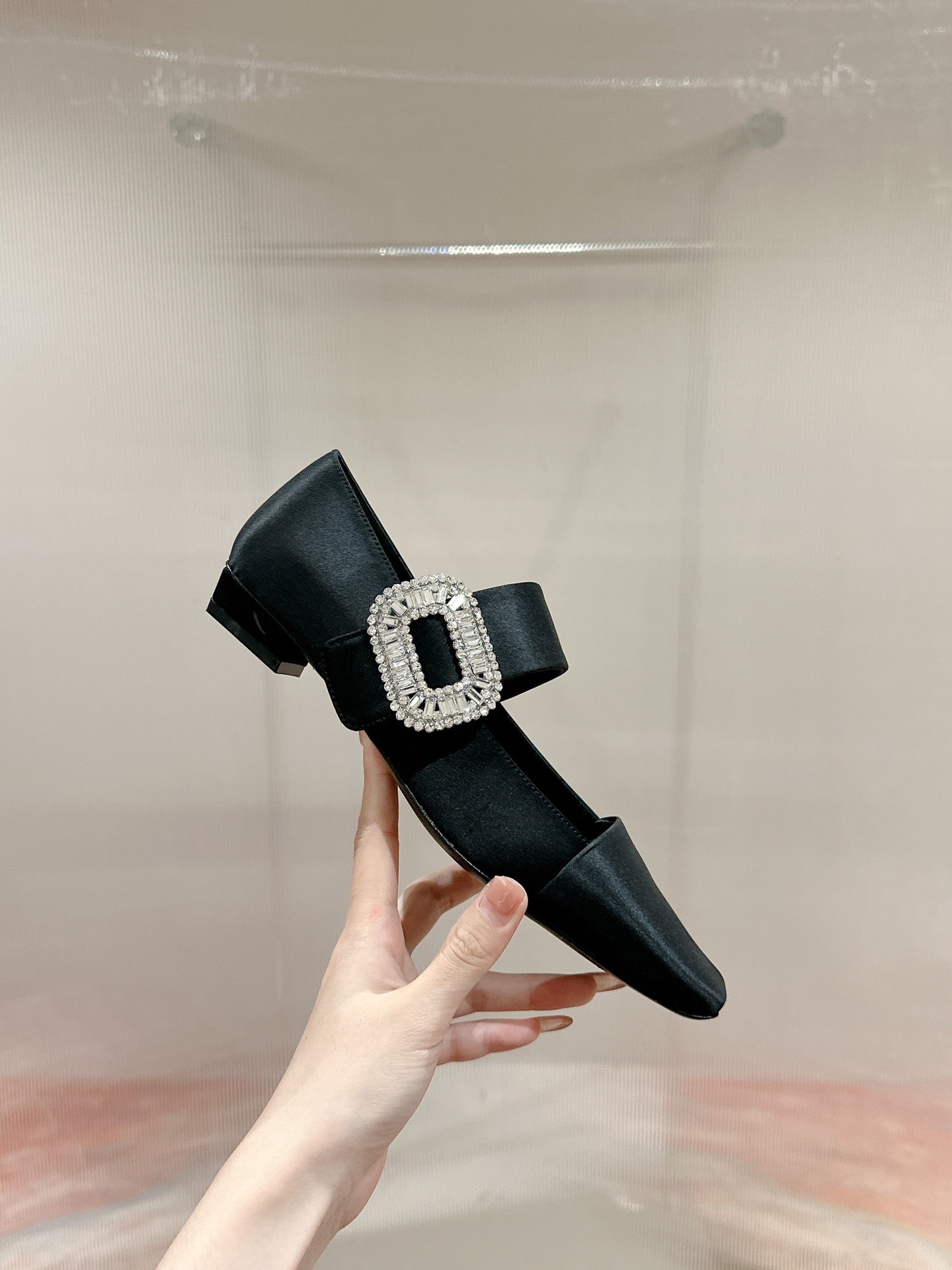 MARY JANES IN BLACK SATIN WITH CRYSTAL SQUARE BUCKLE - 35