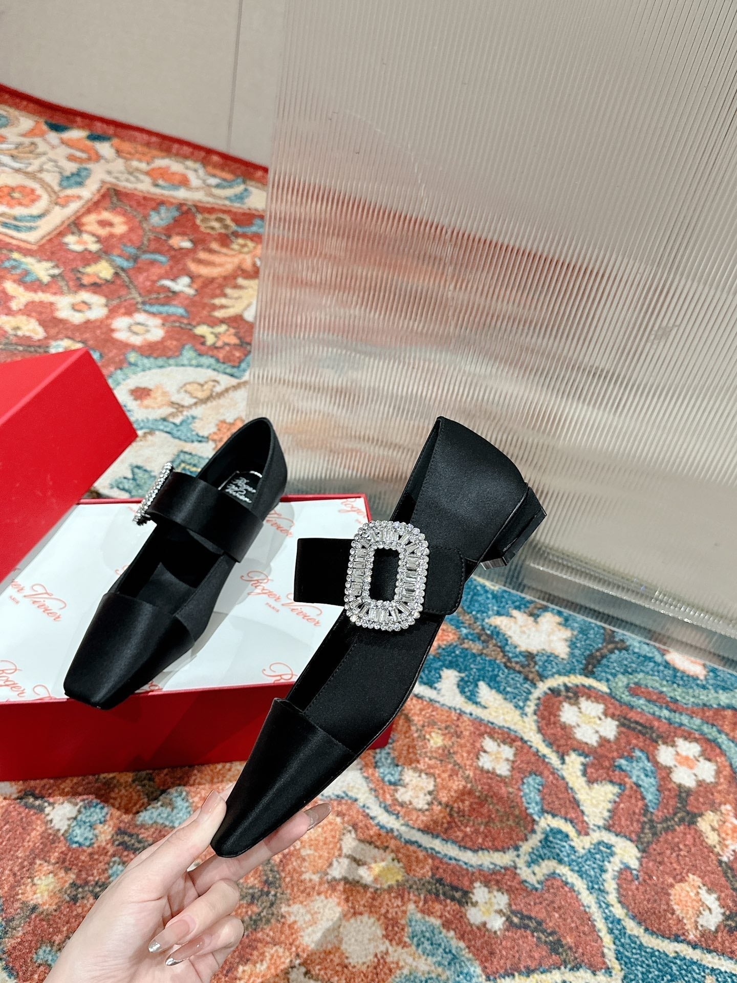 MARY JANES IN BLACK SATIN WITH CRYSTAL SQUARE BUCKLE - 35