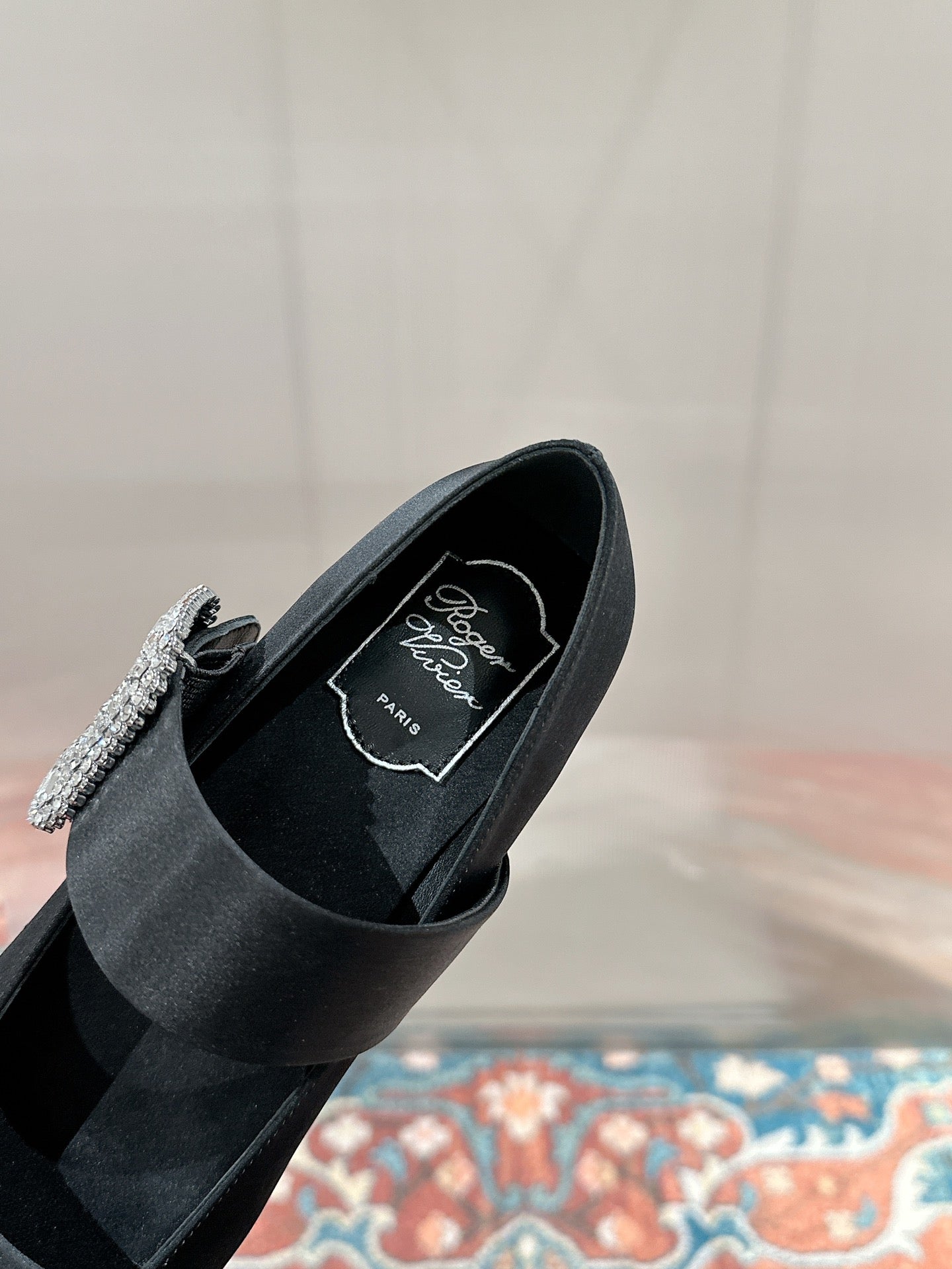 MARY JANES IN BLACK SATIN WITH CRYSTAL SQUARE BUCKLE - 35
