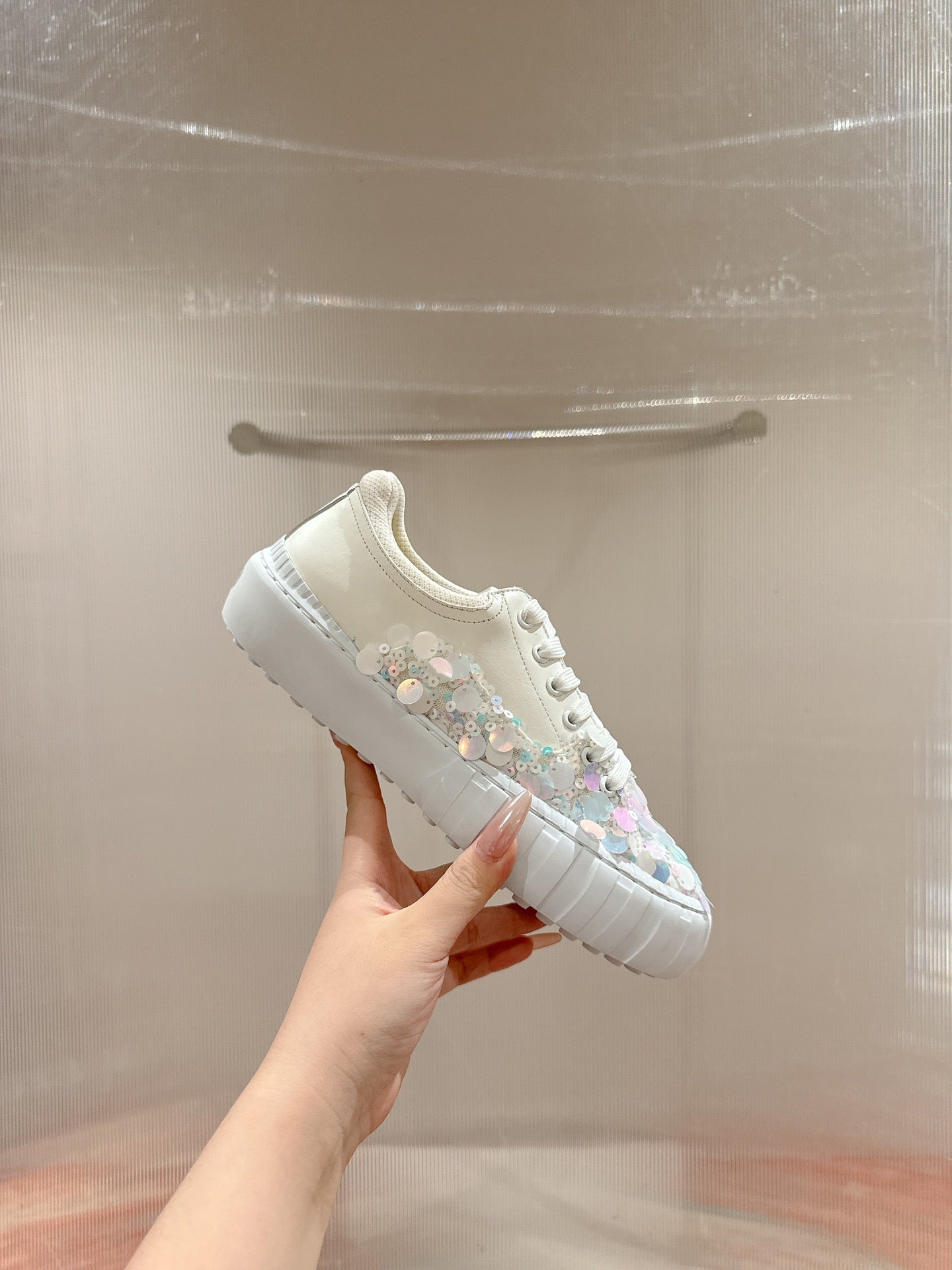 RUNWAY SEQUIN CASUAL SHOES IN WHITE CALFSKIN - 35