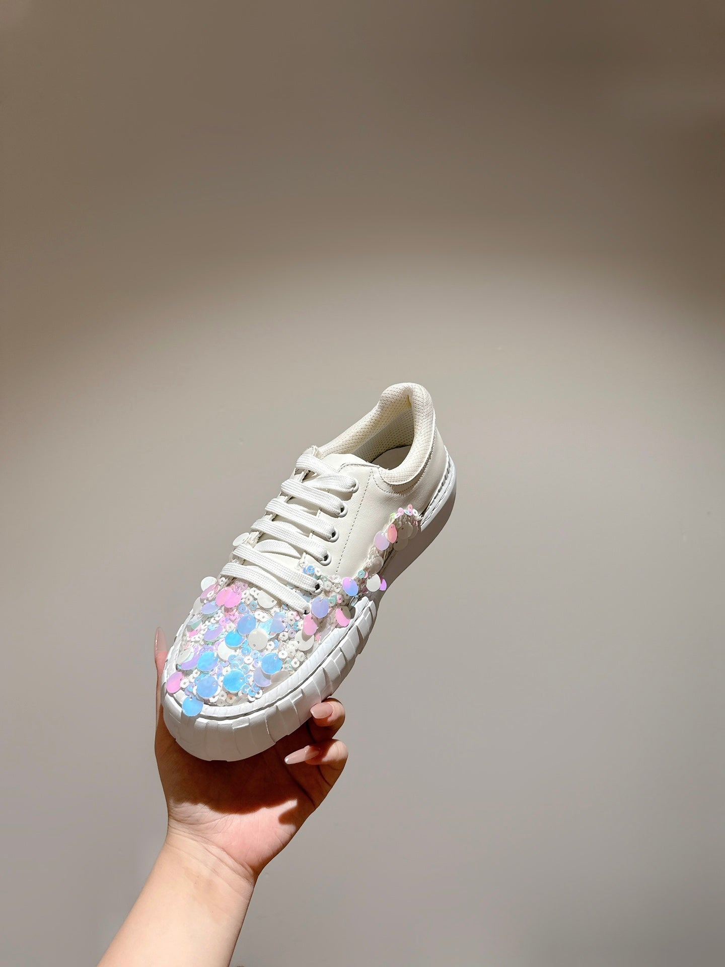 RUNWAY SEQUIN CASUAL SHOES IN WHITE CALFSKIN - 35