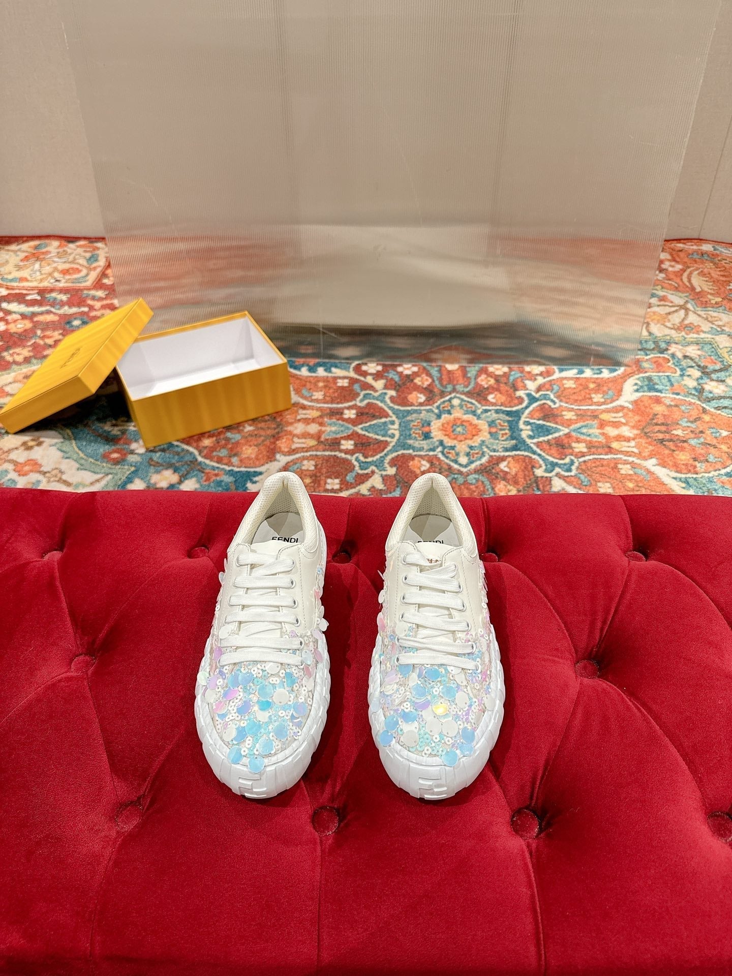 RUNWAY SEQUIN CASUAL SHOES IN WHITE CALFSKIN - 35
