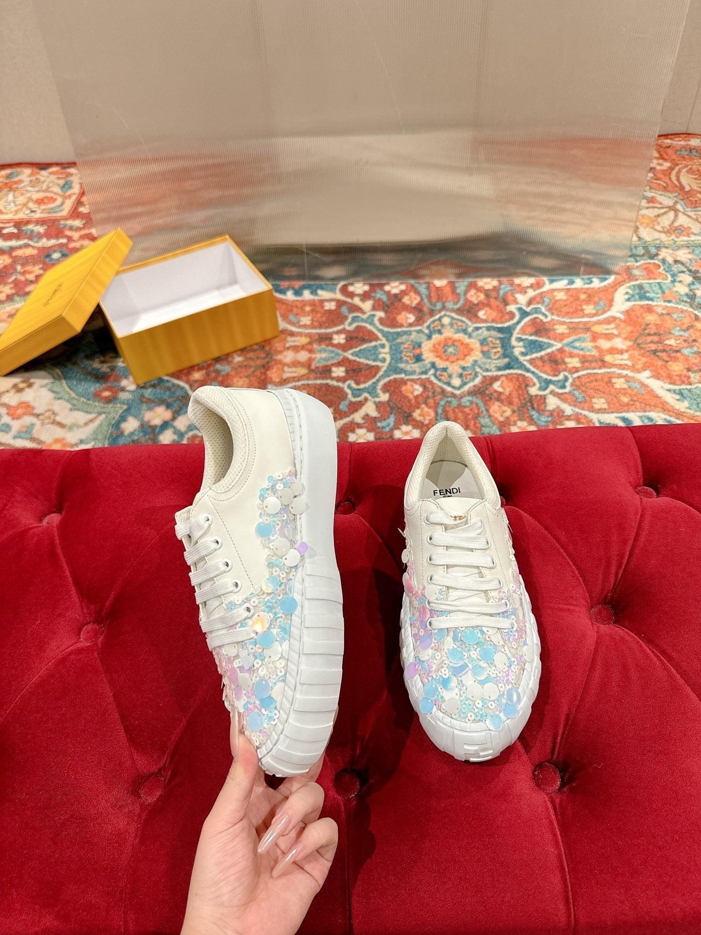 RUNWAY SEQUIN CASUAL SHOES IN WHITE CALFSKIN - 35