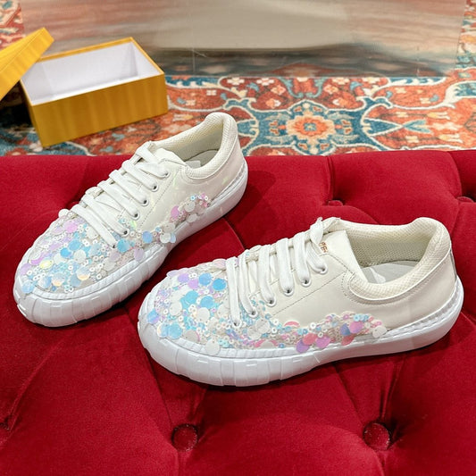 RUNWAY SEQUIN CASUAL SHOES IN WHITE CALFSKIN - 35